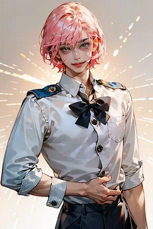 ((Best quality at its best)), ((the masterpiece)),, this is the perfect face((men)),young man with pink hair,uniform,Details of bangs for short hair,the masterpiece,Hair flutters,delicate face,kind eyes,,photorealistic, Beautiful eyes, Spotted light and shadow,,Smiling,Bow knot,Cute action,White background,
,School uniform for high school students,Western style school uniform,trousers,Posing cutely for the camera