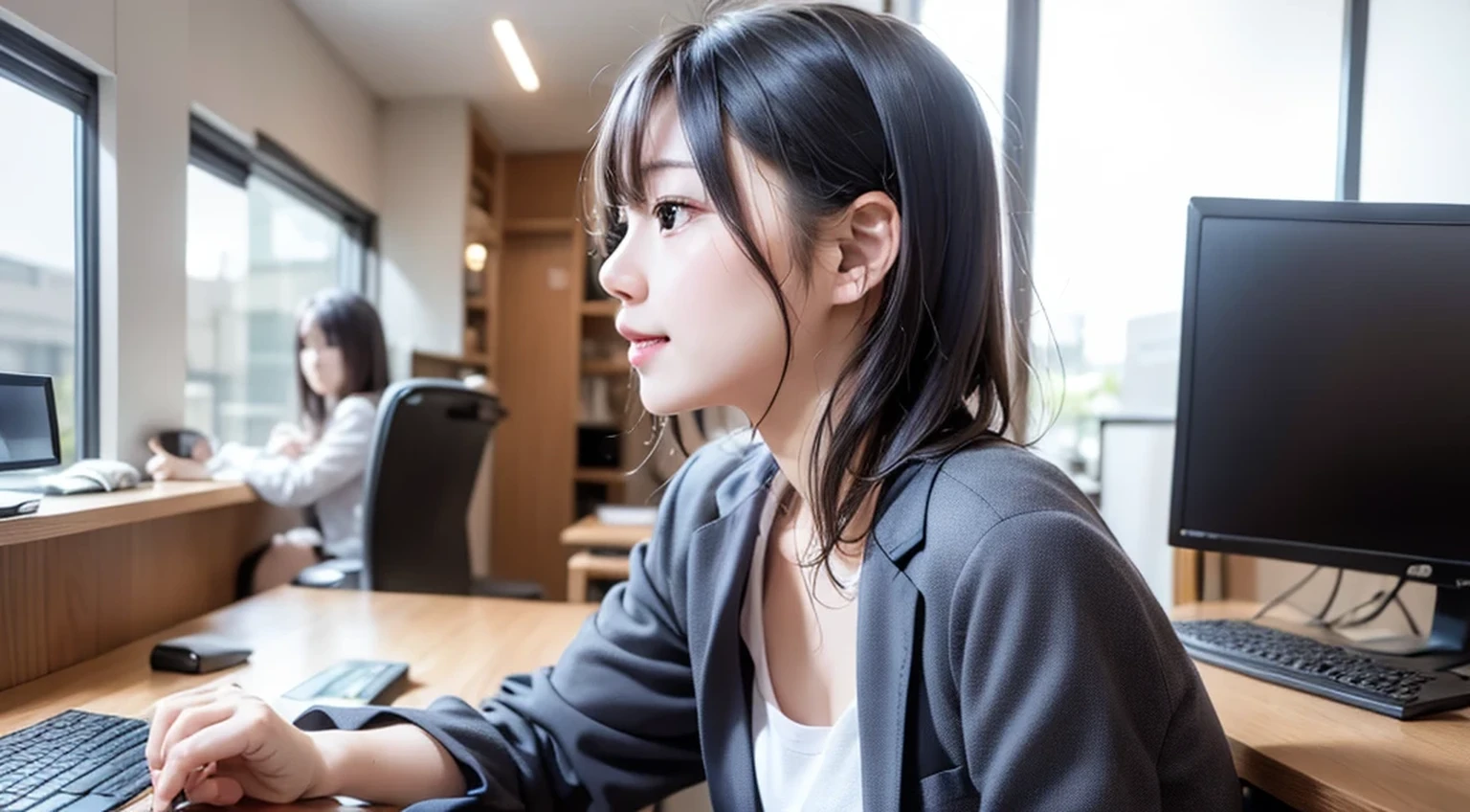Woman at Computer, profileのポートレート, リアルなの女の子のprofile, エレガントなprofileのポーズ, profileのポーズ, beautiful japanese girl face, Portrait of a 28 year old Japanese man, かわいい女の子のprofile, ( profile ) profile, young japanese woman, In front of a computer, 女性のprofile、Looking at the computer、Business Casual、Beautiful leg form、Typing on the keyboard on a desk computer、目の前のLooking at the computer、profile photo、 Office Casual、Gray jacket、small necklace、Large office background、Features contemporary design furnishings,You can see skyscrapers outside the window、sunny day、