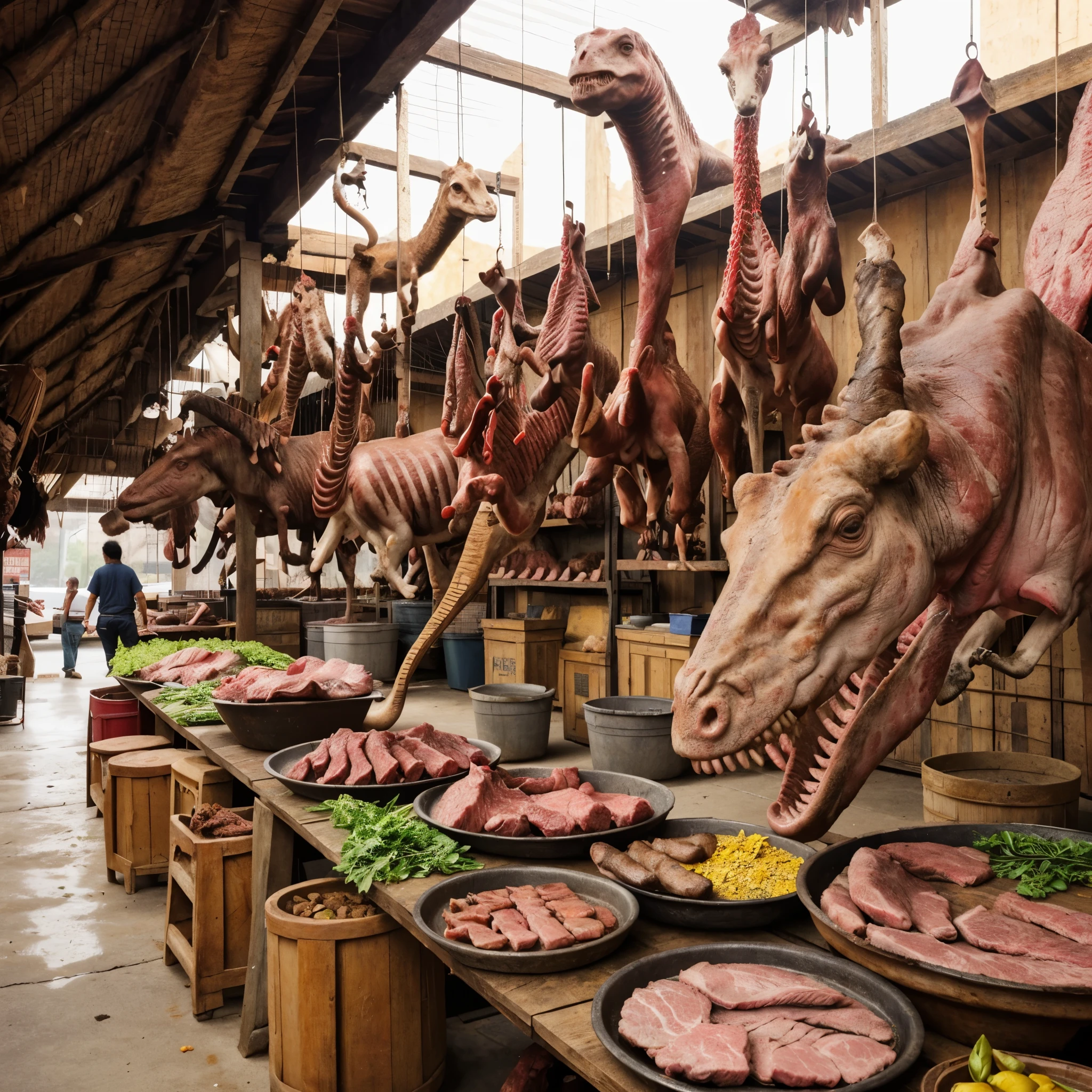 arafed meats and meat bones hanging from a roof in a market, “a dinosaur market, meat factory, realistic photography paleoart, hanging beef carcasses, meats on the ground, by Galen Dara, market, fish market stalls, super realistic food picture, by Adam Marczyński, by Aneurin Jones, intricate gothic bones and meat, in thailand