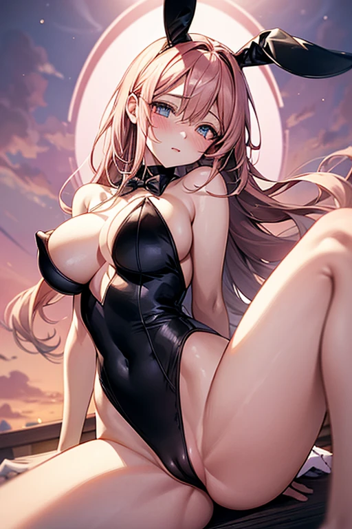 (High resolution), (32K), (very very highly detailed), (Best illustration), (beautiful and delicate eyes), (best quality), (super detailed), (master piece), (Detailed and delicate face), solo,Highly detailed face and skin texture,fine eyes,spread your legs、very shy、blush、spread legs,high details,(dynamic pose),1 female, long hair , long legs、open crotch、 (camel toe),(((big boobs)))、Exposing genitals without wearing pants,The protruding PUssy ,cocked ass,I grew up sexy、(((black bunny girl)))、best style、pink nipples、Transparent pink nipples、(Floral ornament on the head)、Beautiful woman、pink sky、pink clouds、pink flowers、 pink hot spring、pink water all over、pink light、pink sky間