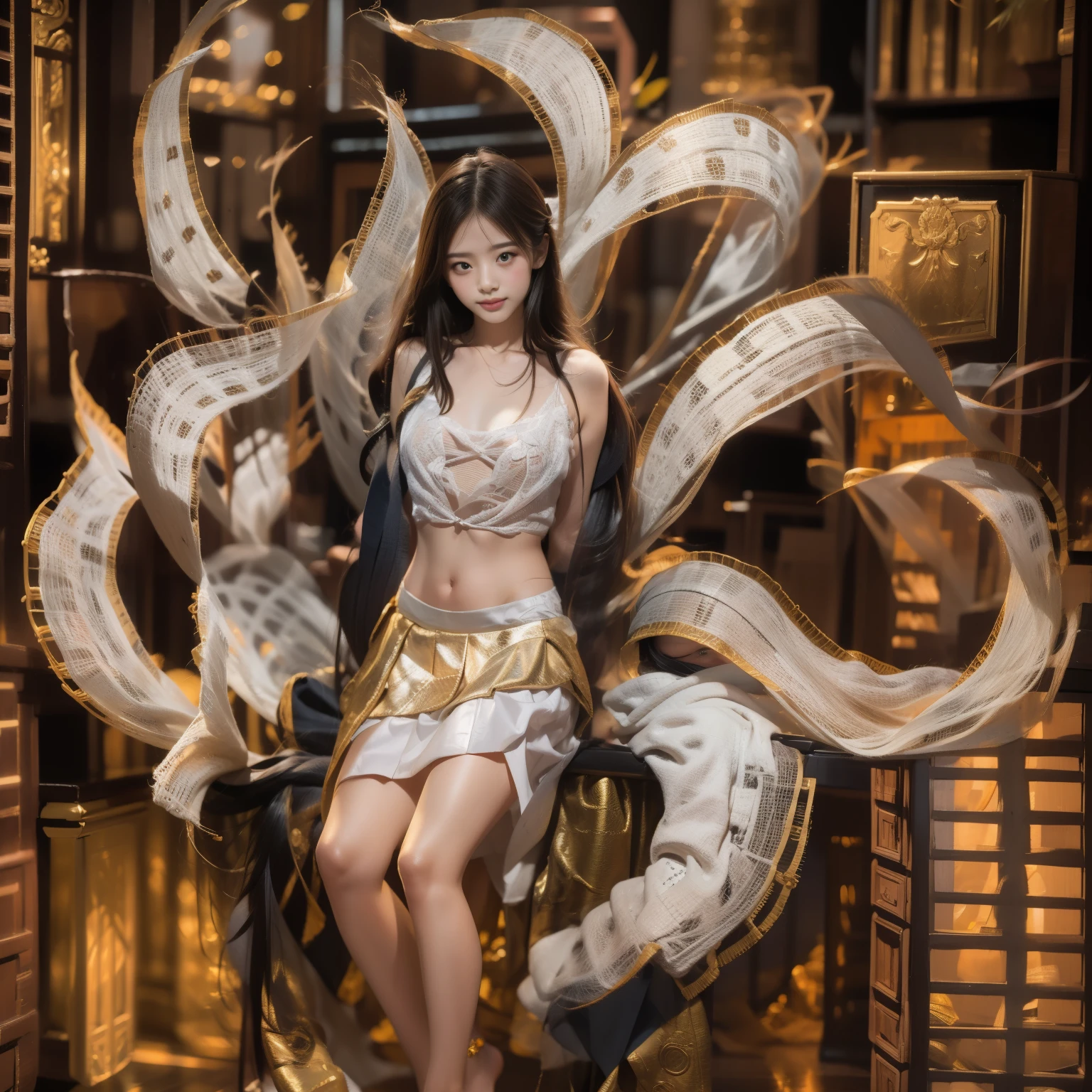 (Single focus:1.5),Ultra-detailed,(masterpiece:1.4),best picture quality, ultra high resolution,
1 girl((sit))on gold bricks,Surrounded by gold bricks,Background with many gold bricks,((solo)),(Chinese classical,miniskirt,Flowing style:1.5),
Outrageously long hair,black hair,(small mouth:1.5),(Full body:1.7),(long legs:1.4),Barefoot,The ankles are dotted with bells,There is a mole under the mouth,There are moles under the eyes
((game_cg))(((quality)))(((Super detailed)))(((masterpiece))),
Chinese theme,Realistic style,Tension lenses,Detail background,Doubleexposure,treasure house,flawless,clean,Extremely flowing hair,masterpiece,professional artwork,Artwork by famous artists,
Beautiful lighting、style lighting、Ray tracing、3d、3D rendering、High-precision shadows、close up、(macro lens、macro lens:1.25)、(Detailed description of the face)、(Hair detail description)、(Detailed description of clothes)、
{Extremely delicate and beautiful}、(Detailed description of the eyes)、(The face is delicate)、(The face is delicate描绘)、(The face is delicate描绘)、Realistic skin、The light and shadows are realistic、