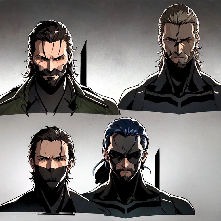 a drawing of a bunch of different faces of a man, metal gear solid concept art, evangelion concept art, clear eyes concept art, ( ( character concept art ) ), from metal gear, traditional japanese concept art, konami concept art, masterpiece concept art, 3 heads, no more heroes concept art, metal gear solid style, human game protagonist designs