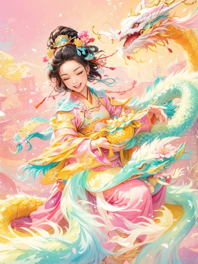 dragonjoyful and festive scene featuring a cute and lively 5-year-old ancient Chinese princess embracing a fluffy-textured, mythical Chinese baby dragon. Both are sleeping peacefully. The background is enhanced with festive decorations, such as lanterns, colorful banners, and traditional Chinese motifs, symbolizing celebration and happiness. This scene, rich in ancient Chinese cultural elements, captures a sense of joy and festivity, making the moment between the princess and the dragon even more endearing and magical, (花卉水彩画:1.5), (Ultra high saturation, bright and vivid colors: 1.5), (nsfw), (Facing the viewer: 1.5)，(pastel tone painting: 1.8)
