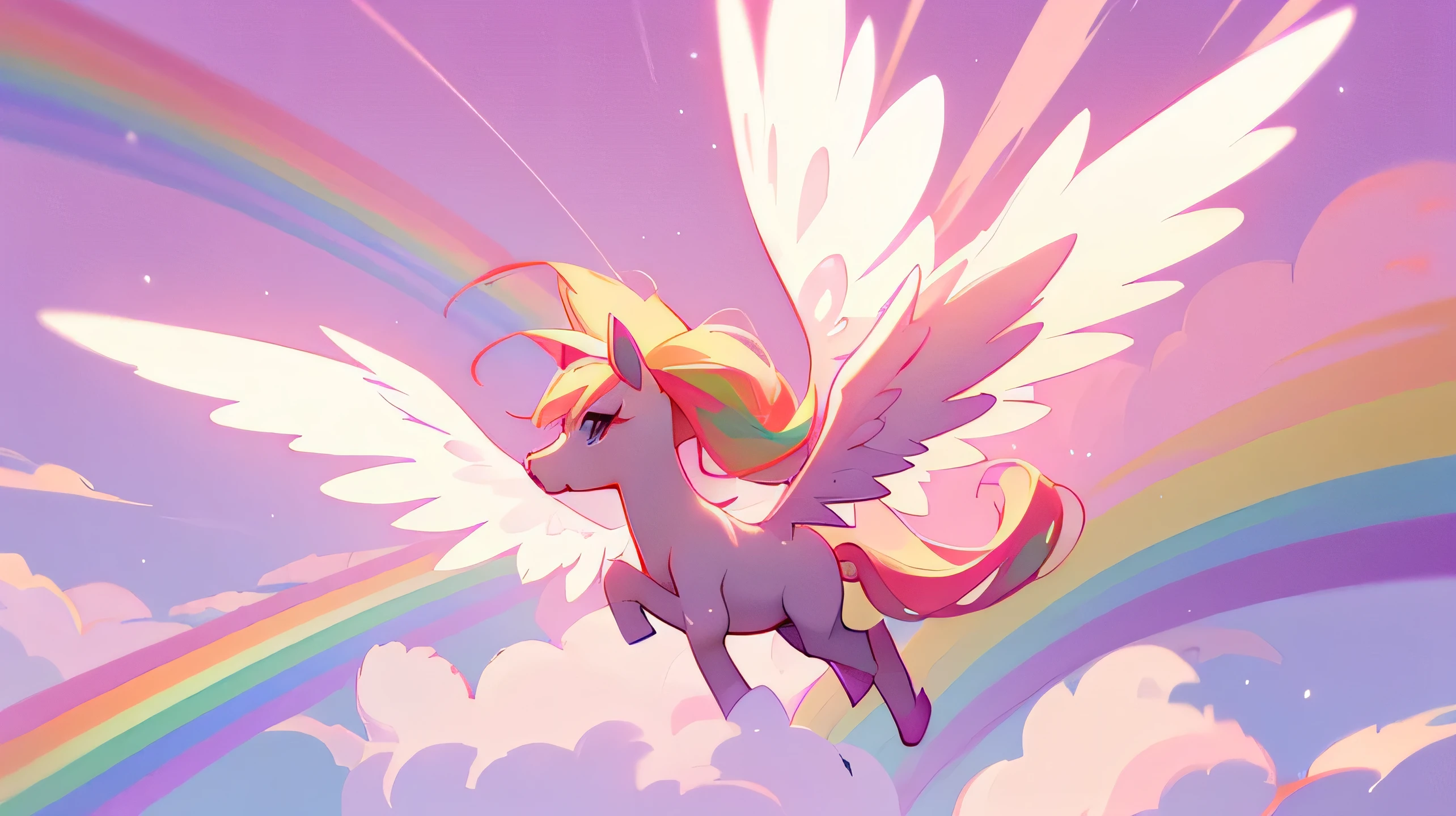 cute little cartoon pony with fluffy mane and pink tail, in the style of the cartoon my little pony with wings, mlp fanart, high resolution commission, light pink background, clouds, Rainbow Dash, aesthetically cute, fluttering, spreading wings, anime style