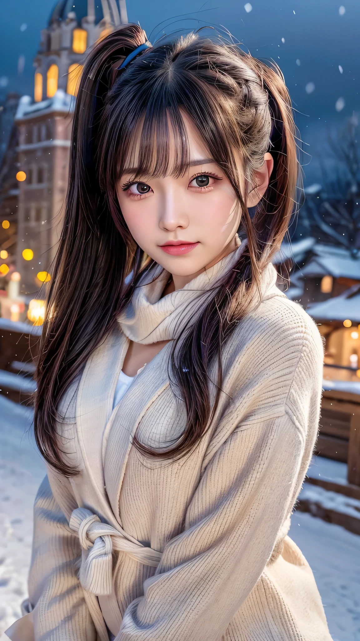 blush,long hair ponytail,big ribbon in her hair,(8K, Raw photo, best quality, muste piece:1.2), (Reality, photorealistic:1.4), (Highly detailed 8K wallpaper), Tits sharp focus, Depth of bounds written, cinematic lighting, soft light, detailed beauty eye,Shiny and smooth light brown ponytail, asymmetrical bangs, shiny skin, super detailed skin ,high resolution, high detail, detailed hairstyle, detailed beauty face, hyper real, perfect limbs, perfect anatomy ,1 Japanese girl,famous japanese idol, perfect female body,shy smile,short eyelashes,double-edged eyelids,look straight here,Hair style is ponytail,wear a ribbon, office,long ponytail hairstyle,Wearing scrunchies,wearing a long coat,The Street,Stand up straight and face me,So that the whole body can be seen,winter,warm clothes,look straight at me,wearing a scarf,It's snowing,european cityscape,cobblestone road,European churches can be seen in the background,in front of a church in europe,night time,illumination is shining,chest is small