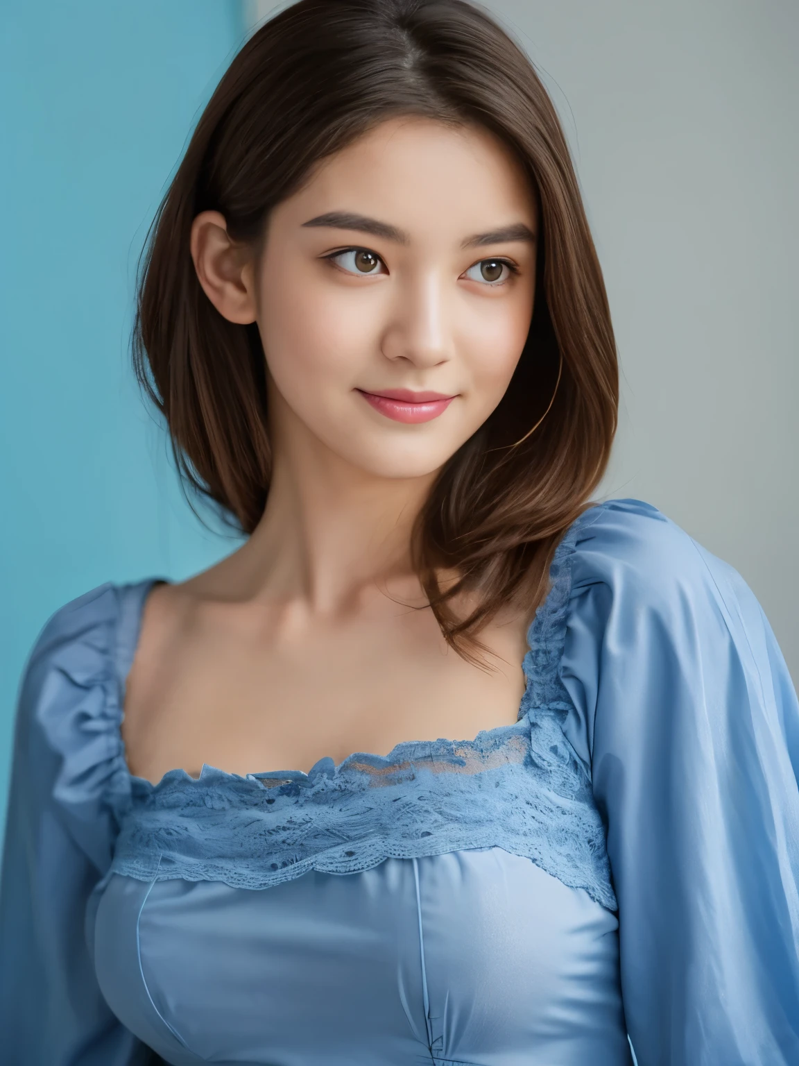 beautiful 25 year old woman。She is wearing a tight camisole made of light blue satin fabric..。Black lace on chest and hem.。smile gently。her dark brown hair、、her hair is long and straight。High resolution、masterpiece、highest quality、Head w:1.4、((Hasselblad Photos))、fine skin、fine knit、(movie lighting)、clavicle,