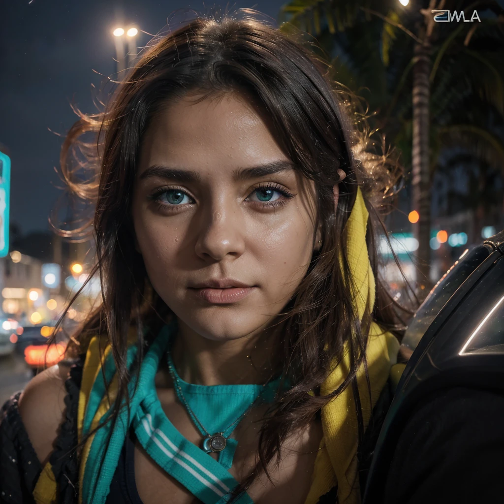 young woman looking at the camera,full lips, brown eyes, blonde, black sweatshirt, city, bright sunset