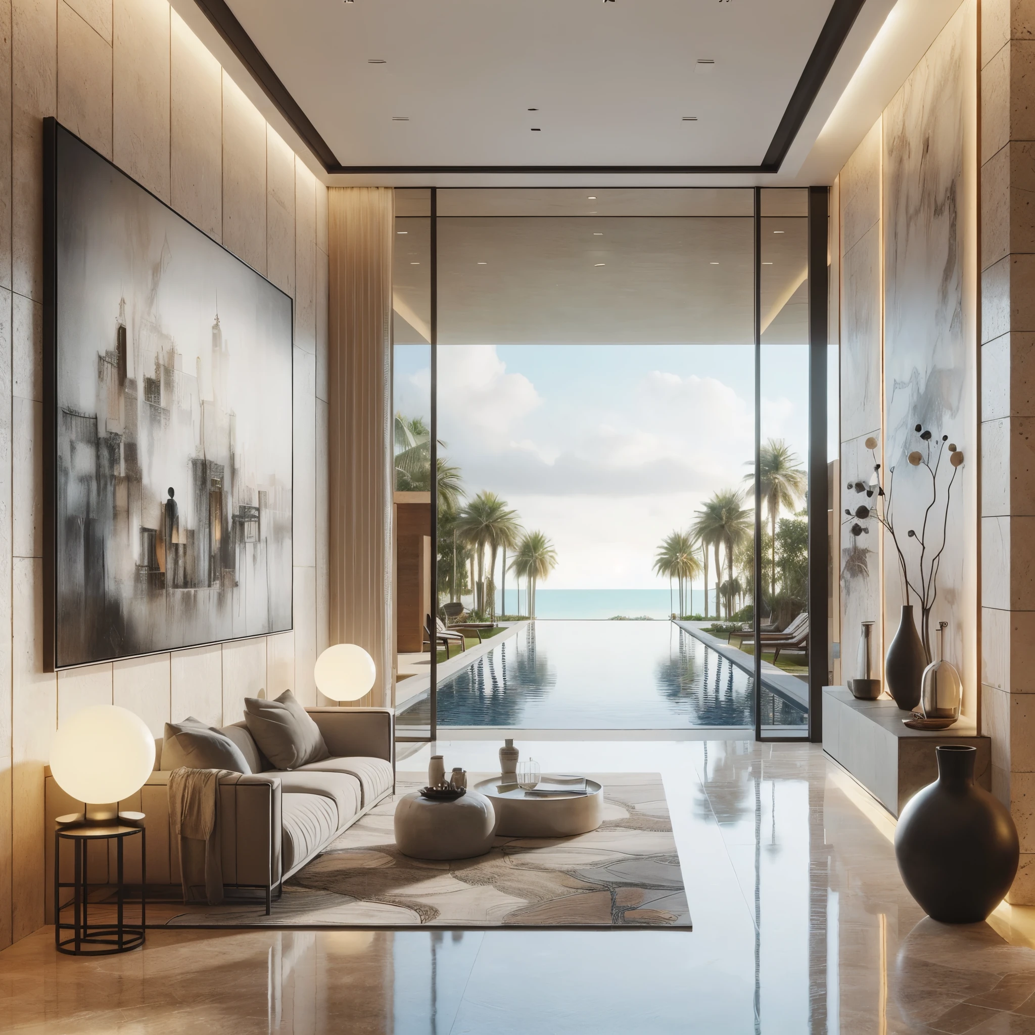 a dream hotel resort interior with unpainted stone walls, modern metal furnishings, large minimalist paintings on the wall, architecturally correct, soft lighting and glossy countertops, with a water feature and a pool outside plate glass windows, tall modern ornamental vases, luxurious rugs, a tropical view outside