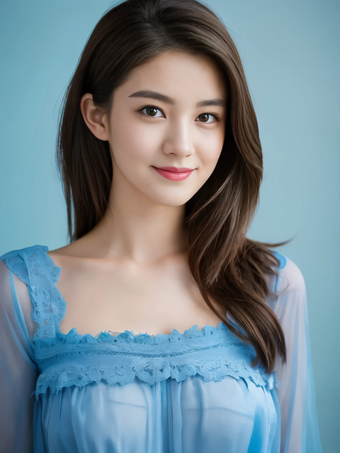 beautiful 25 year old woman。She is wearing a tight camisole made of light blue satin fabric..。Black lace on chest and hem.。smile gently。her dark brown hair、、her hair is long and straight。High resolution、masterpiece、highest quality、Head w:1.4、((Hasselblad Photos))、fine skin、fine knit、(movie lighting)、clavicle,