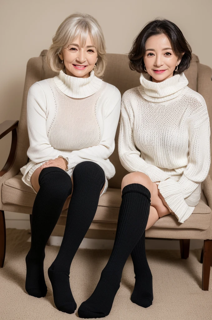 (masterpiece, highest quality), japanese mature, (alone), 60 years old, (wrinkles around the eyes:1.45), big breasts, mature woman, Glamour, Sexy, pure white skin, looking at the viewer、super big breasts、(long hair)、small diamond necklace、earrings、(((Detailed white knit turtleneck sweater, Nova plaid ruffle skirt, black knee high socks)))、short boots、smile、Public place、cross your legs、sit on a chair、full body photo、