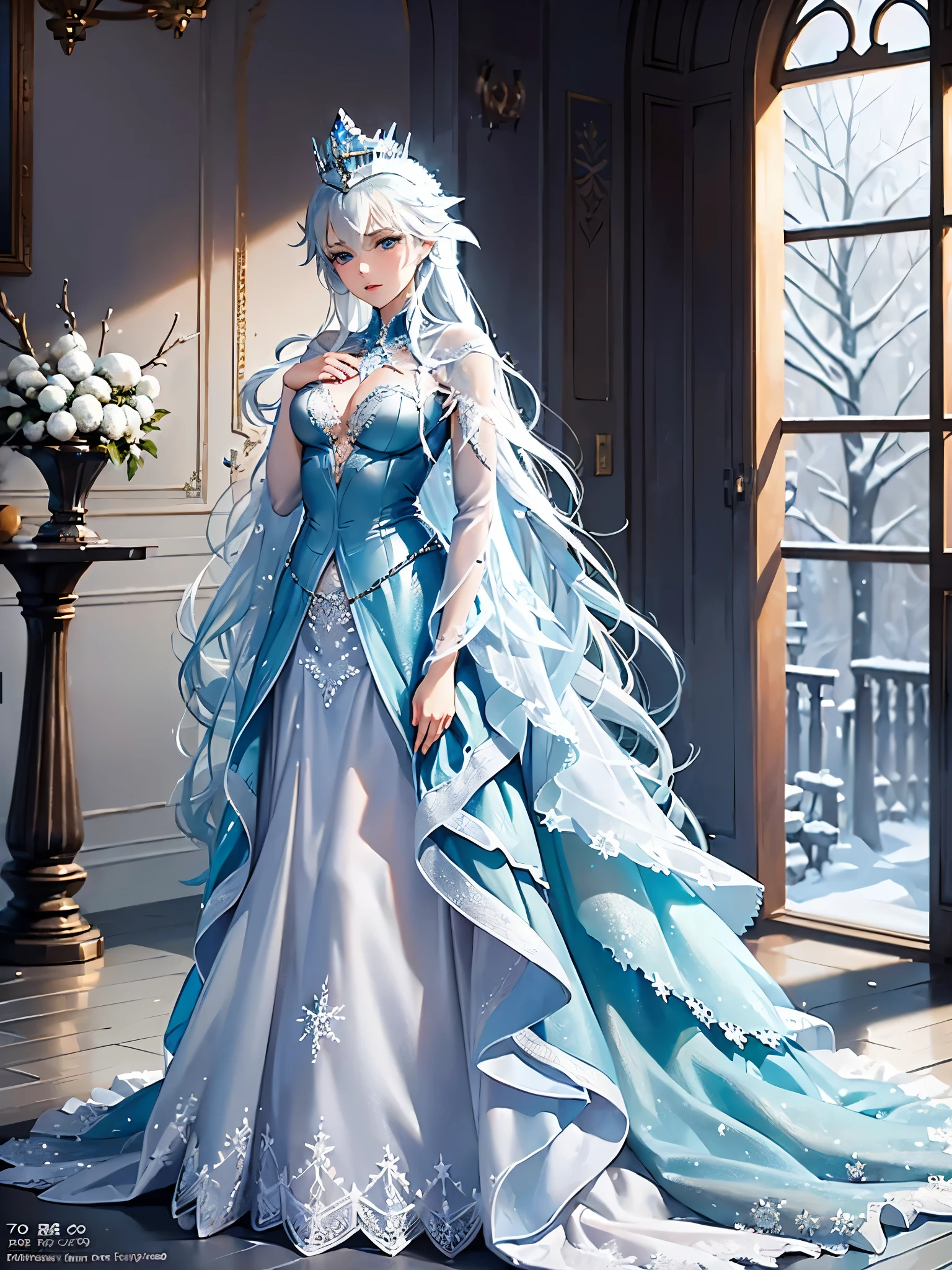 ((highest quality)),(ultra high resolution),(Super detailed),(detailed description),((best CG)),(best work of art),super precision art,great drawing art,(Fantasy art with precise details:1.5), (1 woman:1.5),(The snow queen:1.5),cold look:1.5,A detailed ice dress,crown:1.2, Ice Palace:1.6
