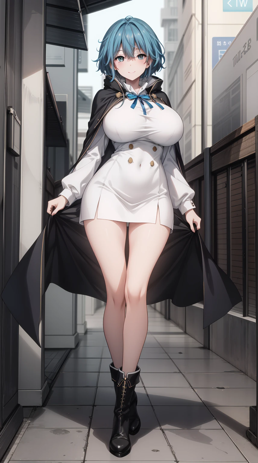 an illustration of showing a person with a cape and a blue hair color in the animation style clothing, long hair, female focus, solo, cape, long sleeves, hand on hip, standing, looking at viewer, full body, black footwear, bangs, short skirt, blue hair, white skirt, boots, smile, skirt tucked in, closed mouth, huge breast, perfect Composition,
1 girl, 20yo,YOUNG female,Beautiful Finger, Beautiful long legs ,Beautiful body ,Beautiful Nose ,Beautiful character design, perfect eyes, perfect face,
official art, extremely detailed CG unity 8k wallpaper, perfect lighting,Colorful, Bright_Front_face_Lightinasterpiece:1.0),(best_quality:1.0), ultra high res,4K,ultra-detailed,
photography, 8K, HDR, highres, absurdres:1.2, Kodak portra 400, film grain, blurry background, bokeh:1.2, lens flare, (vibrant_color:1.2)
, (beautiful_face:1.5),(narrow_waist), (Beautiful,Huge_Breasts:1.3)