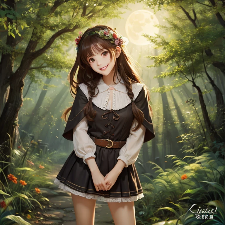 in the forest、Quarter-style beautiful girl、very pointed long ears、Witch's attire、ager、full moon in the background、long hair、brown hair、mini skirt、cane、Smile、Painting style