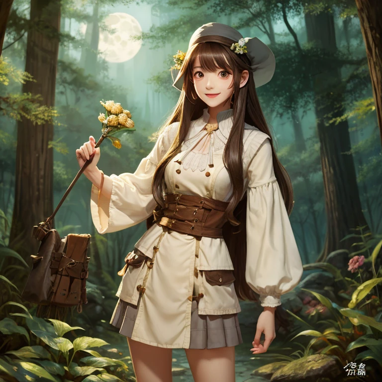 in the forest、Quarter-style beautiful girl、very pointed long ears、Witch's attire、ager、full moon in the background、long hair、brown hair、mini skirt、cane、Smile、Painting style