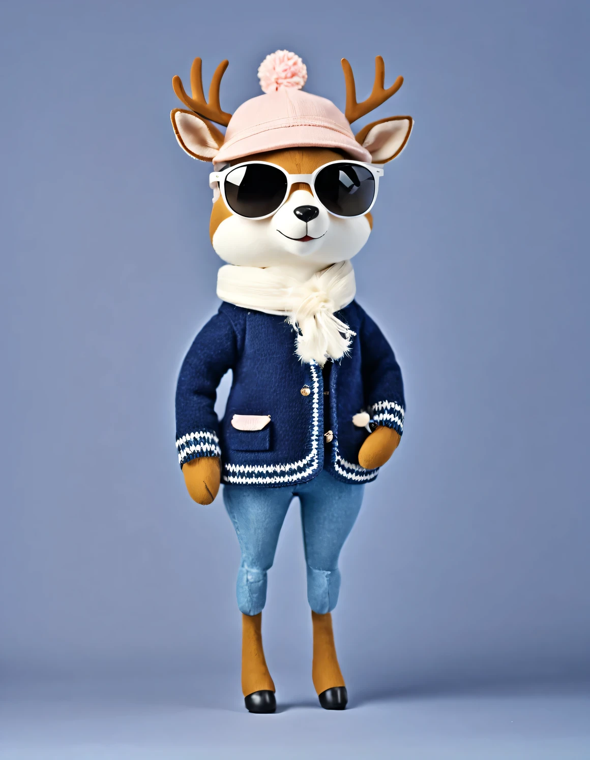 3D style doll design, (a very fat, fashionable, and cute little deer),
Wearing a pink turtleneck sweater and blue jacket, winter scarf, jeans, gloves, bow tie, small round hat (decorated with flowers or feathers), tie, sunglasses, (female) handbag, cotton, linen, wool
The harmonious combination of classic and modern, the elegant combination of dark blue and brown highlights the retro style
Charm while maintaining a sense of fashion,
Excited and happy smile, wearing a sun hat, bouncing and dancing, smiling, shining with white fluffiness, bright big eyes, fluffy tail, exquisite and delicate, fairy tale, super details, Pixar style, bright colors, natural light, solid color simple background, 5 and ctane rendering, gorgeous, ultra wide angle, 8k, high-definition and realistic,