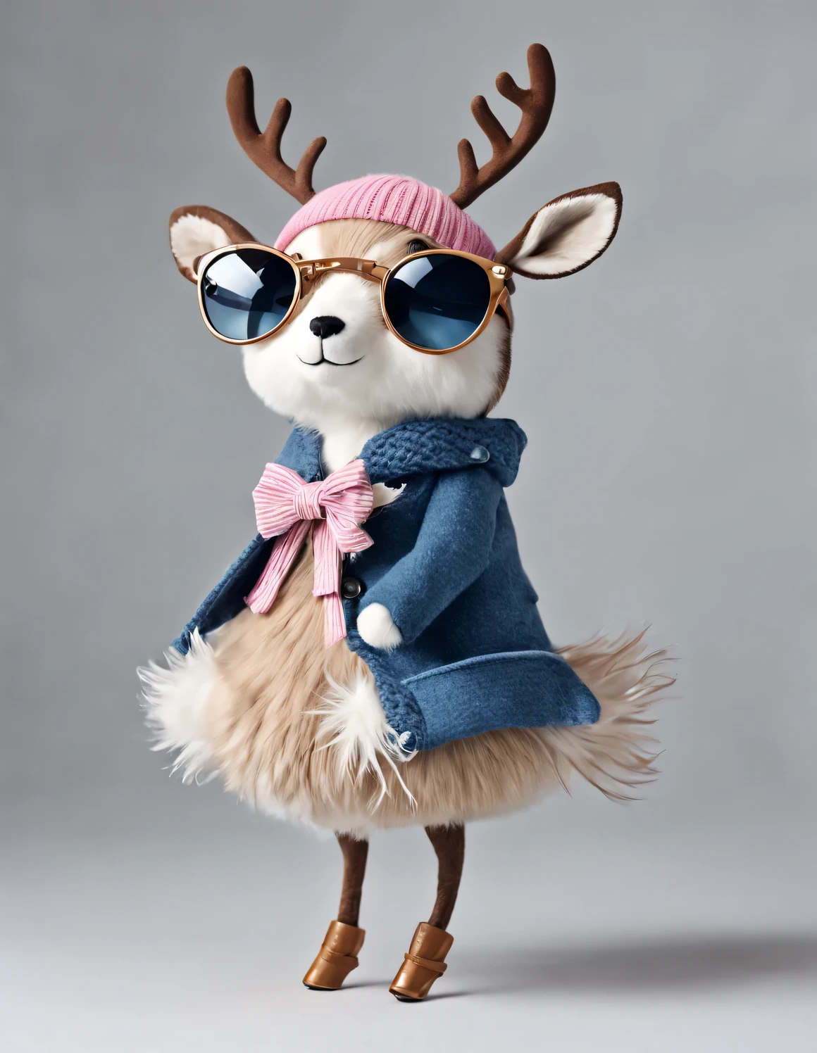 3D style doll design, (a very fat, fashionable, and cute little deer),
Wearing a pink turtleneck sweater and blue jacket, winter scarf, jeans, gloves, bow tie, small round hat (decorated with flowers or feathers), tie, sunglasses, (female) handbag, cotton, linen, wool
The harmonious combination of classic and modern, the elegant combination of dark blue and brown highlights the retro style
Charm while maintaining a sense of fashion,
Excited and happy smile, wearing a sun hat, bouncing and dancing, smiling, shining with white fluffiness, bright big eyes, fluffy tail, exquisite and delicate, fairy tale, super details, Pixar style, bright colors, natural light, solid color simple background, 5 and ctane rendering, gorgeous, ultra wide angle, 8k, high-definition and realistic,