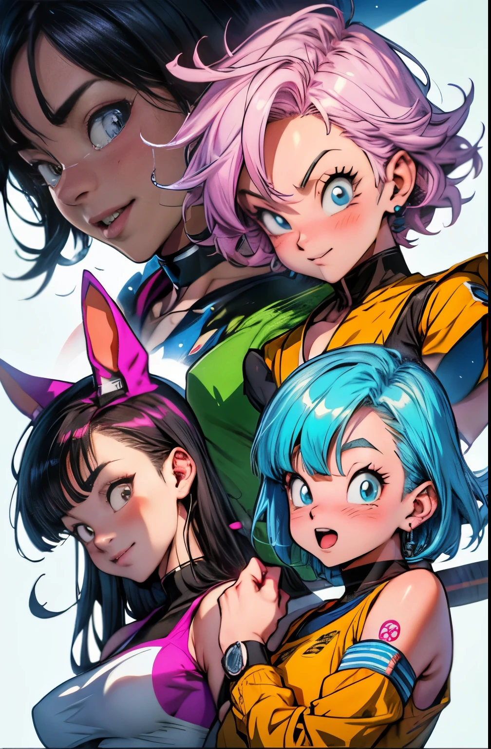 three anime characters are posing for a picture together, saiyan girl, ecchi anime style, dragon ball style, bulma from dragon ball, in anime style, hq artwork, fan art, high quality fanart, dragon ball z style, anime girls, android 18, official fanart, hd artwork, dragon ball artstyle, :14 80s anime style