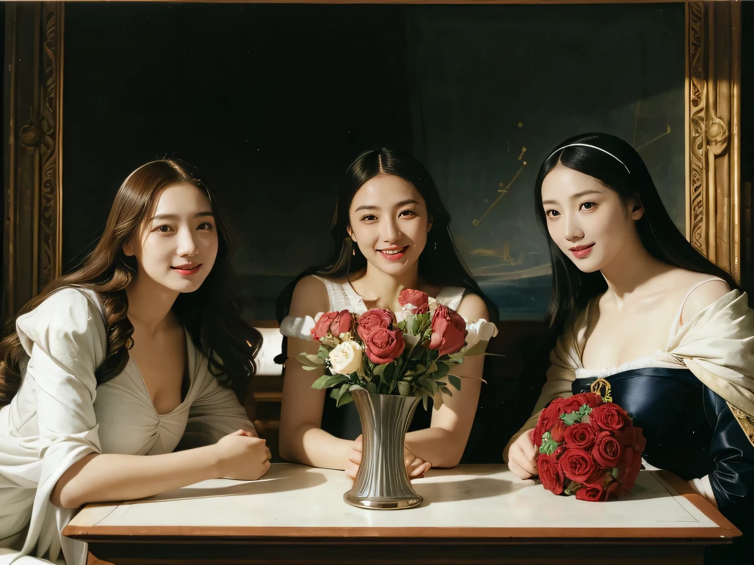 Ancient Roman scenery in the style of Nicolas Poussin,A smile,,Sweet and seductive appearance.、Caravaggio's paintings、Chiaroscuro of Caravaggio、Hair disheveled in the wind,Two women frolicking,Cute smile, Expression of ecstasy,A sexy,erotic
