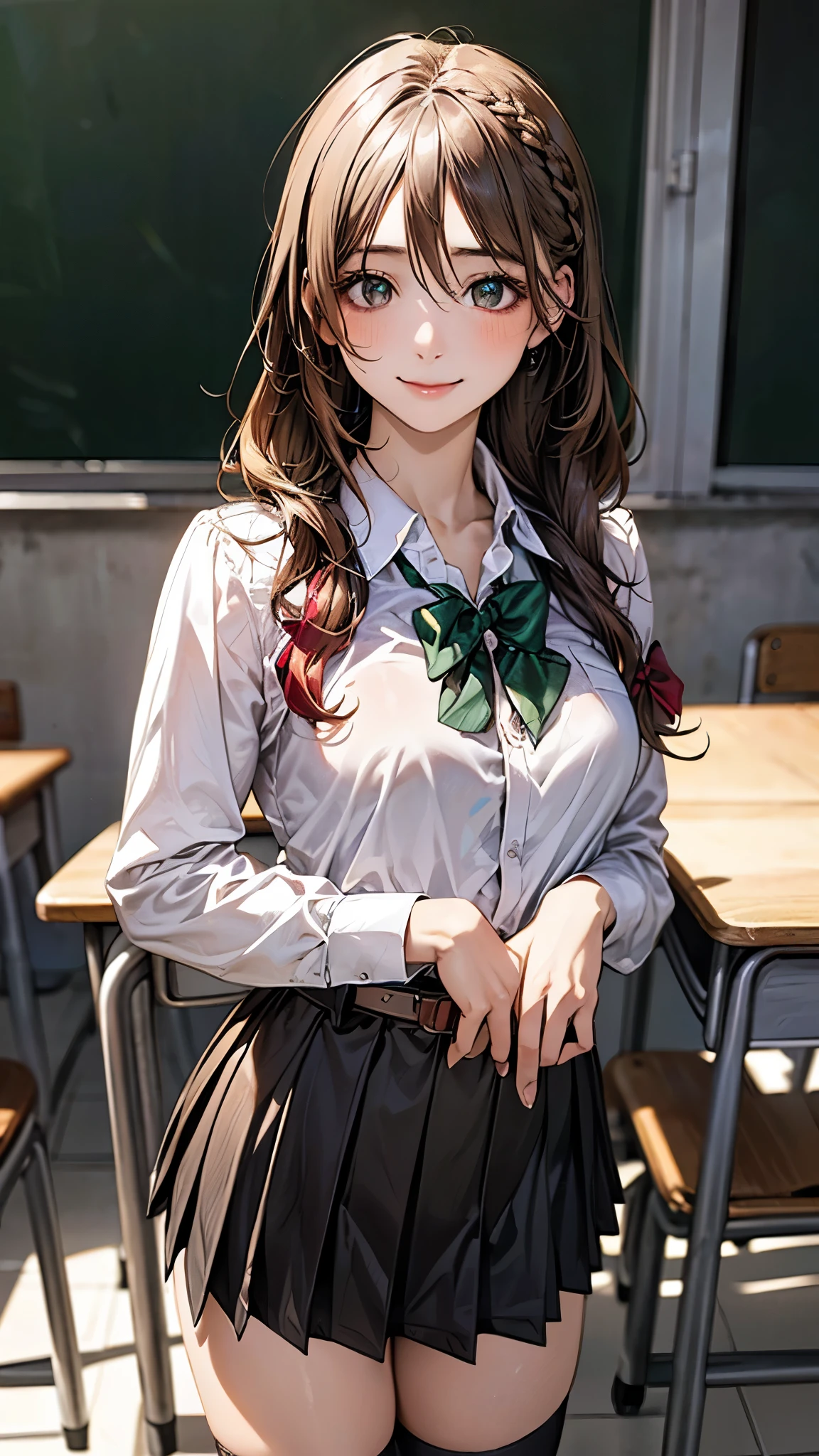 (masterpiece:1.2, top-quality), (realistic, photorealistic:1.4), beautiful illustration, (natural side lighting, movie lighting), nsfw, 
looking at viewer, cowboy shot, front view:0.6, 1 girl, japanese, high school girl, perfect face, cute and symmetrical face, shiny skin, 
(long hair:1.2, braid:1.2, light brown hair), hair between eyes, emerald green eyes, long eye lasher, (large breasts:0.8, seductive thighs), 
beautiful hair, beautiful face, beautiful detailed eyes, beautiful clavicle, beautiful body, beautiful chest, beautiful thigh, beautiful legs, 
((detailed cloth texture, school uniform, belt, long sleeves white collared shirts, black pleated skirt, red bow, socks)), 
(beautiful scenery), evening, classroom, walking, hands on chest, (lovely smile, upper eyes), 