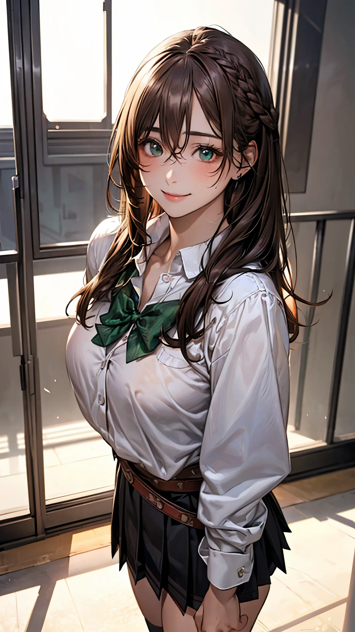 (masterpiece:1.2, top-quality), (realistic, photorealistic:1.4), beautiful illustration, (natural side lighting, movie lighting), nsfw,
looking at viewer, cowboy shot, front view:0.6, 1 girl, japanese, high school girl, perfect face, cute and symmetrical face, shiny skin,
(long hair:1.2, braid:1.2, light brown hair), hair between eyes, emerald green eyes, long eye lasher, (large breasts:0.8, seductive thighs),
beautiful hair, beautiful face, beautiful detailed eyes, beautiful clavicle, beautiful body, beautiful chest, beautiful thigh, beautiful legs,
((detailed cloth texture, school uniform, belt, long sleeves white collared shirts, black pleated skirt, red bow, socks)),
(beautiful scenery), evening, classroom, walking, hands on chest, (lovely smile, upper eyes),