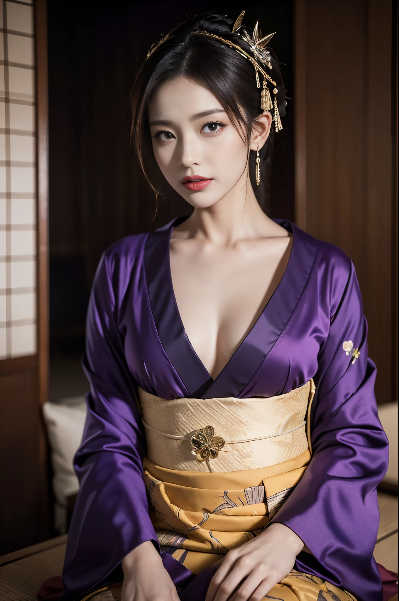 masterpiece, ultra high res, (photorealistic:1.4), 8k, RAW photo, best quality, detailed shadow, amazing, finely detail, official art, absurdres, sharp focus, upper body shot, (ultra-detailed), highly detailed portrait of a beautiful queen, 
BREAK, 
1girl、Japan Germans、Indian Beauty、Dark mascara、big eye、drooping eyes, Dark eyeliner、Dark red rouge、red-lips、chic body、thin-waist、skeletalstraight、Superb Style、, sitting, fetal_position, [upright], curvy, (1girl), ((lips)), (nose), ((long face)), mature female, blossom tree, seductive, elegant, stylish, sultry, sexy, grin, looking at viewer, Beautiful fingertips、Bust is 85 cm、 Taut chest、small-breasted、muscle、((Hourglass figue)), intricate detailes、hightquality、(High class:1.4)、super realistic 8K、face perfect、Perfect、clean、​masterpiece、Professional artwork、famousartwork、face perfect、Beautiful expression、beautidful eyes、hald-up hair、Beautiful woman with refreshing sexiness and outstanding proportions、 A dark-haired、clothes shiny、
BREAK, 
(wearing a oiran outfit:1.3), (dark-purple kimono out fit:1.3),  (Japanese clothes:1.3),  laurel crown, (chiton:0.7), flowers, 
BREAK, 
textured, patterned, cinematic, trending on artstation, dynamic posture, wide shot, dramatic lighting:1.1, (gradients), nature, (perfect face), outline, sharp focus, warmth, light particles, (depth of field), (intricate details:1.2), (extremely detailed background), east asian architecture, dynamic lighting, in the dark, deep shadow, low key, intricate detail, detailed skin, pore, highres, hdr, 4k, realistic,