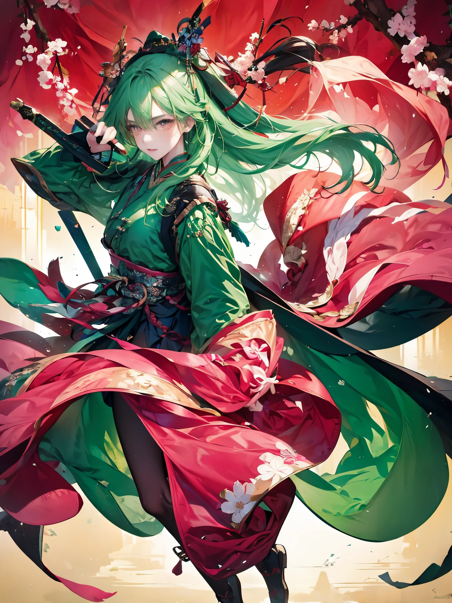 20th generation men、green hair、pink eyes、One eye is hidden by bangs、Holding a sword、Japanese clothing、Japanese-style background、full body figure
