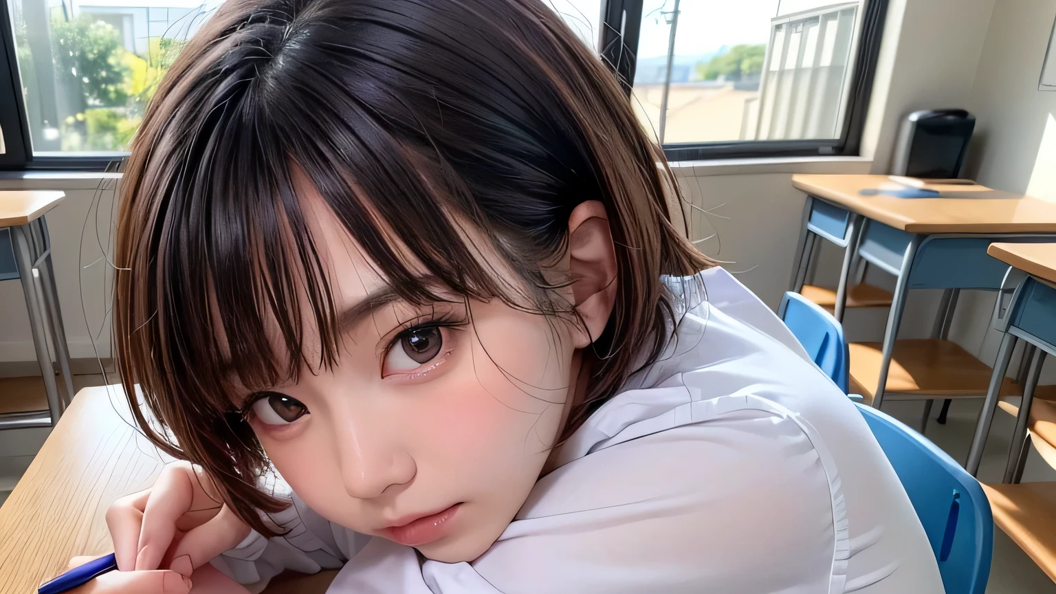 8K, Cute girl tied up、beauty、((Inside the locker room)), White short sleeve shirt、Navy blue standing in front of a wall、Age 18、Medium build、Small face、, light brown hair, shiny hair, hair over shoulder, expressive hair, straight hair, asymmetrical bangs, seductive smile, Surrealism, Verism, depth of field, cinematic lighting, first-person view, Nikon, f/1.2, UHD, anatomically correct, textured skin, best quality, highres, 8k