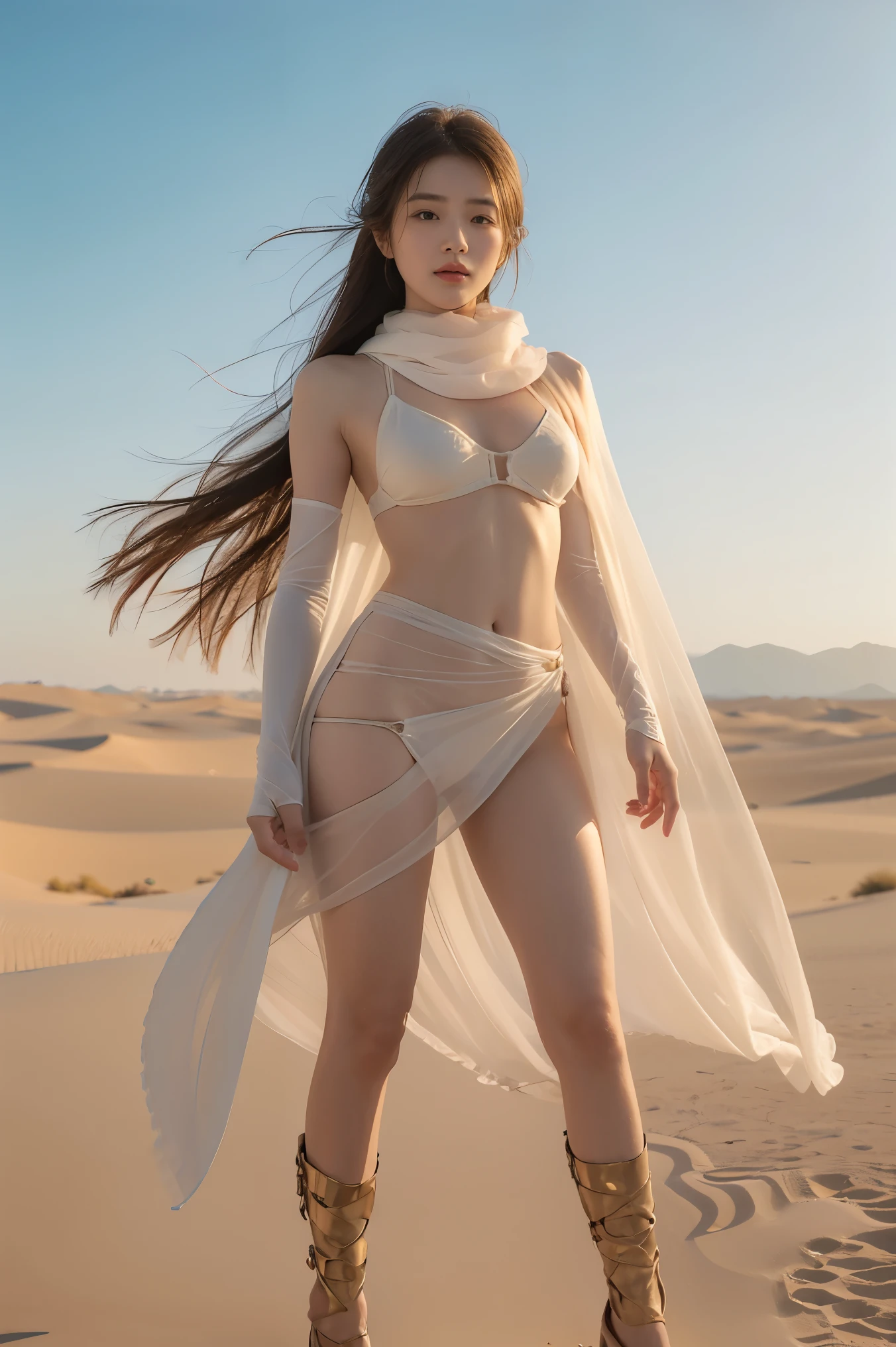 Real-world scenarios，In the desert，dune上，dune，A young and beautiful Korean woman，Wearing a transparent see-through gauze skirt，scarf，Strong wind blows the gauze skirt，The gauze skirt floats very long，Floating in the air，Show a woman’s perfect figure，The buttocks are large and round，Big breasts，looming，The outline of the pubic bone is clearly visible，Big gap at the base of thigh，camel toe，huge ，The crotch area is shining with light，sunshine on face，High-heeled sandals，Highly detailed facial details，True skin texture，Detailed finger details，People in sharp focus，Professional Sony Camera，Character distance shot，wide angle，Best results，More intricate details，Best resolution 8k quality，High-definition and detailed picture quality，a lot of color saturation，High quality finger details