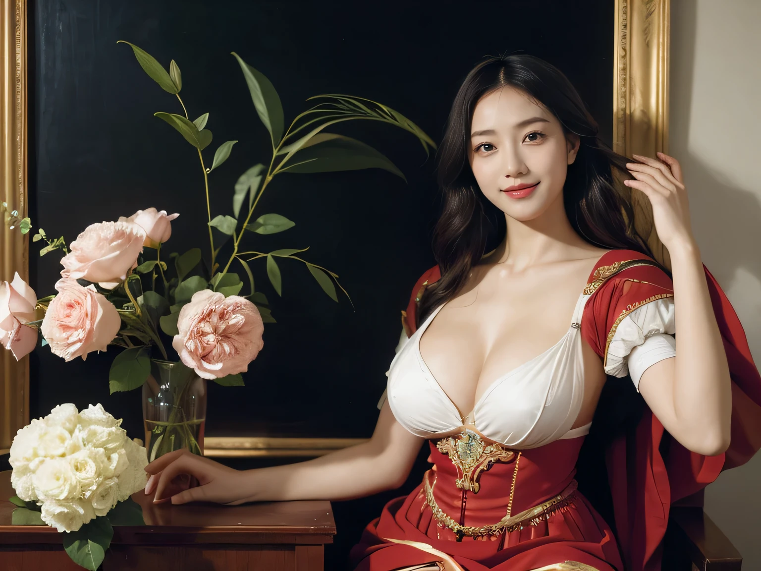 Geometry,astronault,quantum mechanics,Math,Astronomical machinery,astronault.Roses in a vase.fruits,Colossal tits,A smile.Ancient Greek costumes,Paintings by Sandro Botticelli。Costume with stretched shoulders,huge smile,Chiaroscuro of Caravaggio,Cute smile, Expression of ecstasy,A sexy