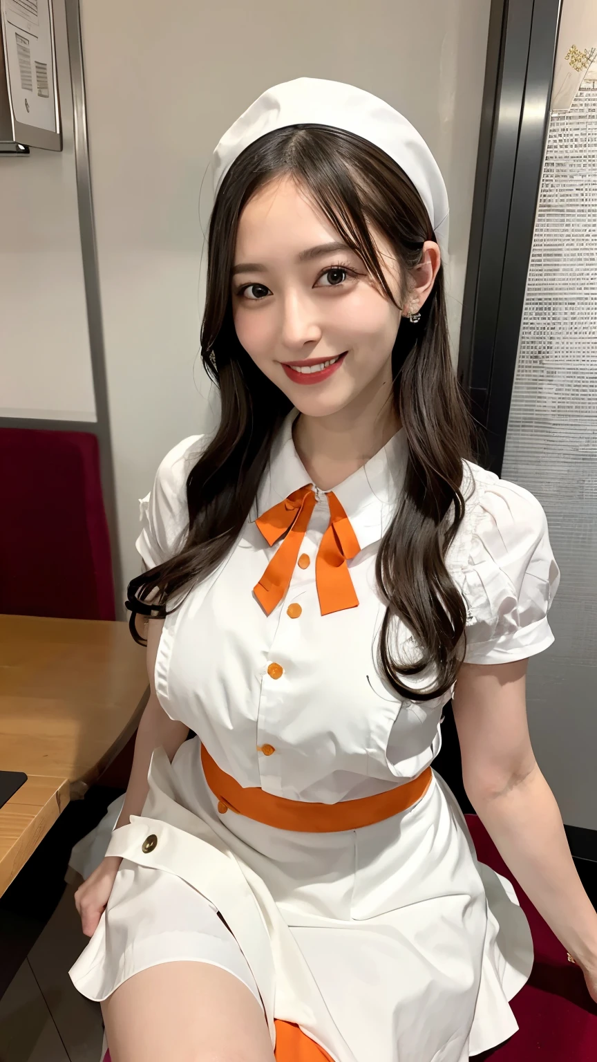 best quality,masterpiece, high res,8k,beautiful detailed eyes,1woman,black hair, large breasts, grin,
BREAK
(waitress),white apron, (orange skirt:1.2), (white shirt:1.05),ribon, thighhighs:1.1),emphasizing the breasts, smile, 