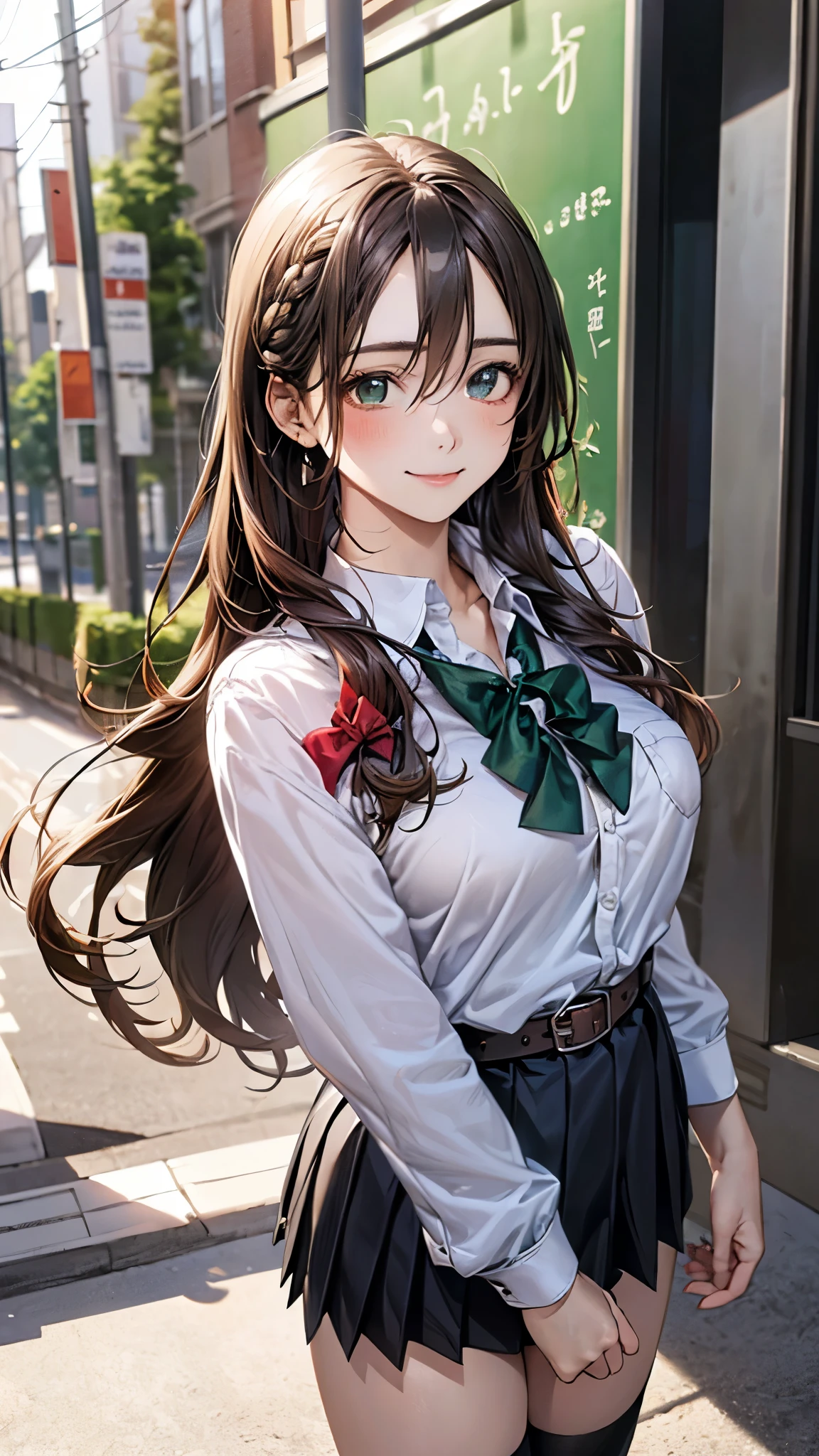 (masterpiece:1.2, top-quality), (realistic, photorealistic:1.4), beautiful illustration, (natural side lighting, movie lighting), nsfw,
looking at viewer, cowboy shot, front view:0.6, 1 girl, japanese, high school girl, perfect face, cute and symmetrical face, shiny skin,
(long hair:1.2, braid:1.2, light brown hair), hair between eyes, emerald green eyes, long eye lasher, (large breasts:0.8, seductive thighs),
beautiful hair, beautiful face, beautiful detailed eyes, beautiful clavicle, beautiful body, beautiful chest, beautiful thigh, beautiful legs,
((detailed cloth texture, school uniform, belt, long sleeves white collared shirts, black pleated skirt, red bow, socks)),
(beautiful scenery), evening, riverside, walking, hands on chest, (lovely smile, upper eyes),