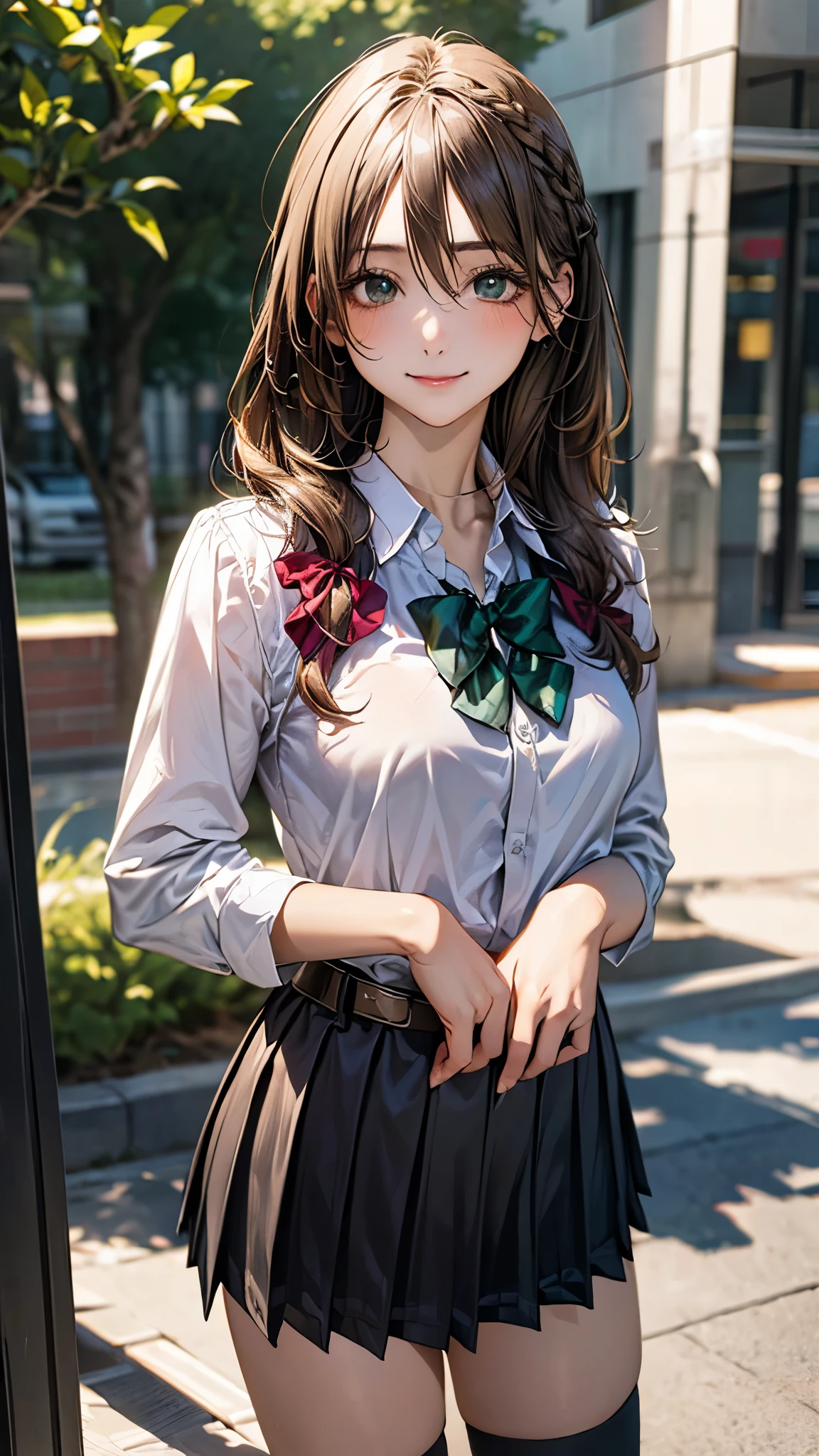 (masterpiece:1.2, top-quality), (realistic, photorealistic:1.4), beautiful illustration, (natural side lighting, movie lighting), nsfw, 
looking at viewer, cowboy shot, front view:0.6, 1 girl, japanese, high school girl, perfect face, cute and symmetrical face, shiny skin, 
(long hair:1.2, braid:1.2, light brown hair), hair between eyes, emerald green eyes, long eye lasher, (large breasts:0.8, seductive thighs), 
beautiful hair, beautiful face, beautiful detailed eyes, beautiful clavicle, beautiful body, beautiful chest, beautiful thigh, beautiful legs, 
((detailed cloth texture, school uniform, belt, long sleeves white collared shirts, black pleated skirt, red bow, socks)), 
(beautiful scenery), evening, riverside, walking, hands on chest, (lovely smile, upper eyes), 