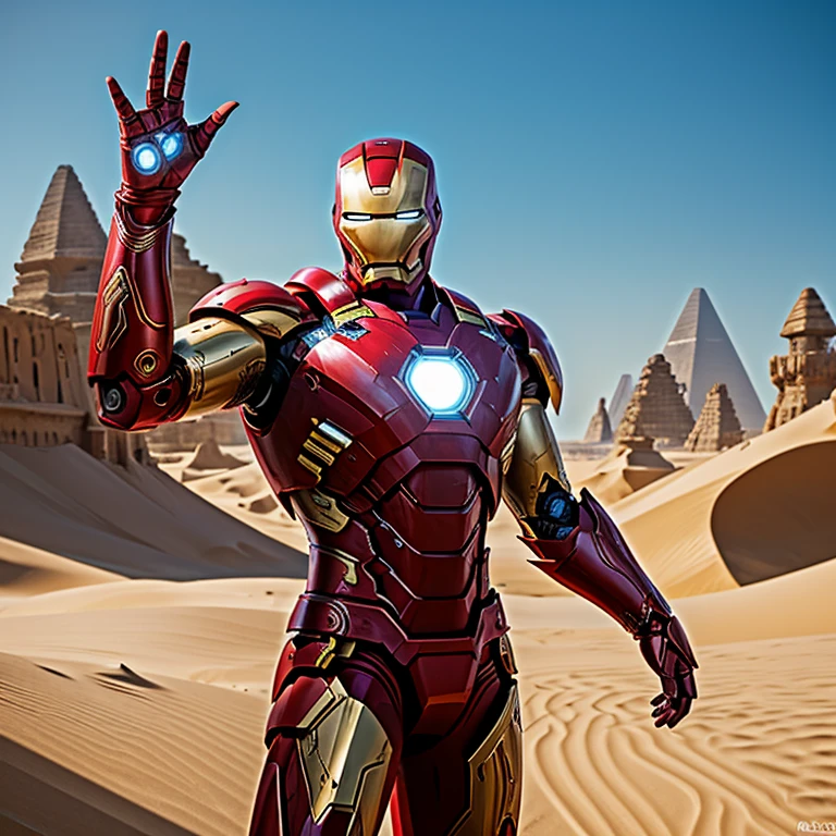 In the realm of ancient wonders, a modern marvel comes to life. The Iron Man, transformed into an Egyptian god, radiates an aura of power and mystique. His iconic red and gold armor is now adorned with hieroglyphics, blending technology and history in an extraordinary union. His eyes, once focused on the battlefield, now hold the wisdom of the ages. Amidst the backdrop of towering sand dunes and vast desert landscapes, the Iron Man-turned-deity commands respect and awe.