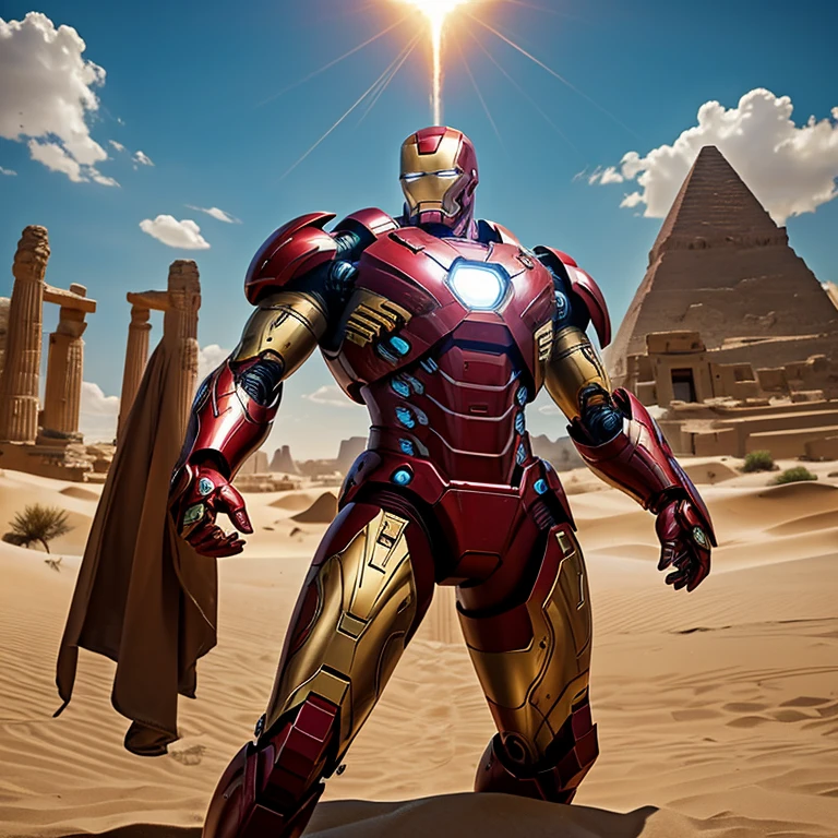 In the realm of ancient wonders, a modern marvel comes to life. The Iron Man, transformed into an Egyptian god, radiates an aura of power and mystique. His iconic red and gold armor is now adorned with hieroglyphics, blending technology and history in an extraordinary union. His eyes, once focused on the battlefield, now hold the wisdom of the ages. Amidst the backdrop of towering sand dunes and vast desert landscapes, the Iron Man-turned-deity commands respect and awe.