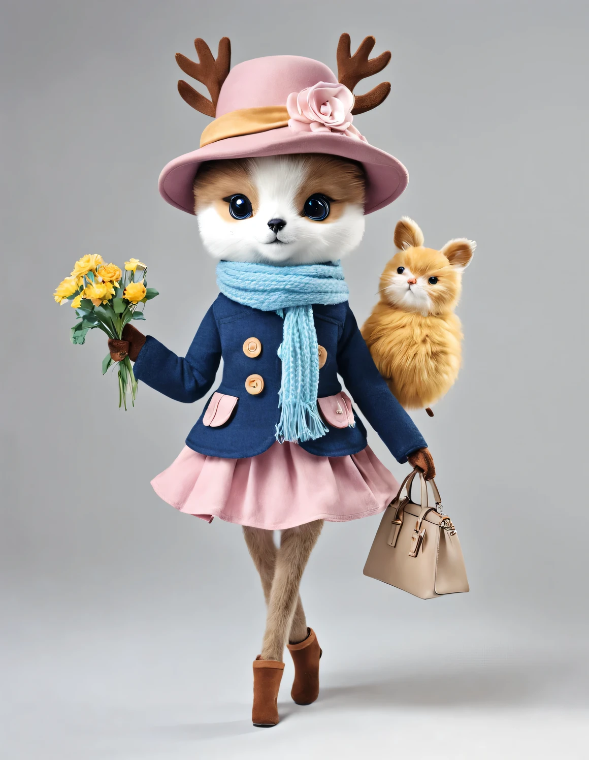 3D style doll design, (a very fat, fashionable and cute little hedgehog),
Wearing a pink turtleneck sweater and a blue (coat) jacket, winter scarf, jeans, gloves, bow tie, butterfly bow tie, small round hat (with floral or feather decorations), push (women's) handbag, cotton, linen, wool, pink and cool blue, paired with soft tones and rich wool texture and fur elements, creating a warm and fashionable winter fashion. Exciting and happy smile, wearing a yellow sun hat, Bouncing and dancing, smiling, shining white fluffiness, bright big eyes, fluffy tail, exquisite and delicate, fairy tale, super details, Pixar style, bright colors, natural light, solid color simple background, 5 and ctane rendering, popular on art stations, gorgeous, ultra wide angle, 8k, high-definition and realistic, 8k high-definition and realistic,