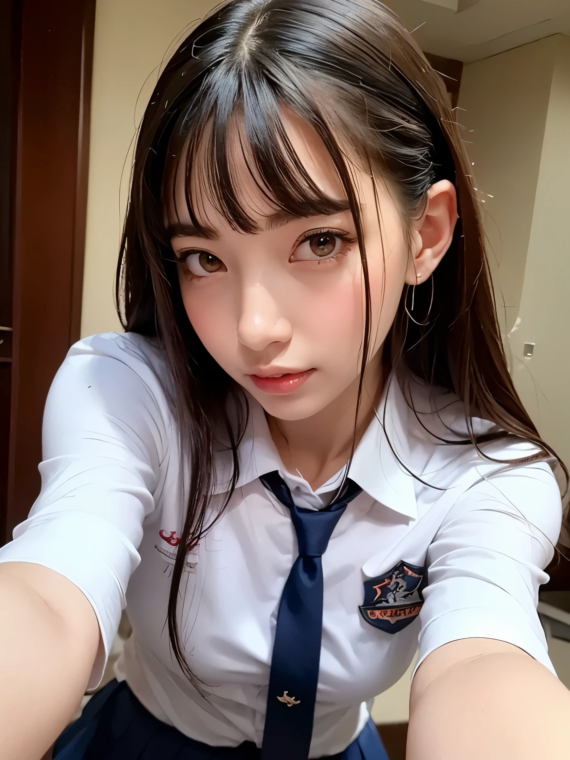 （highest quality，4K，masterpiece：1.2），Beautiful woman，1 girl，sexy：1.1，dark yellow hair：1.1，Woman in school uniform，Drenched uniform，super detailed face，detailed lips，fine eyes，double eyelid，miniskirt white stockings，stand up