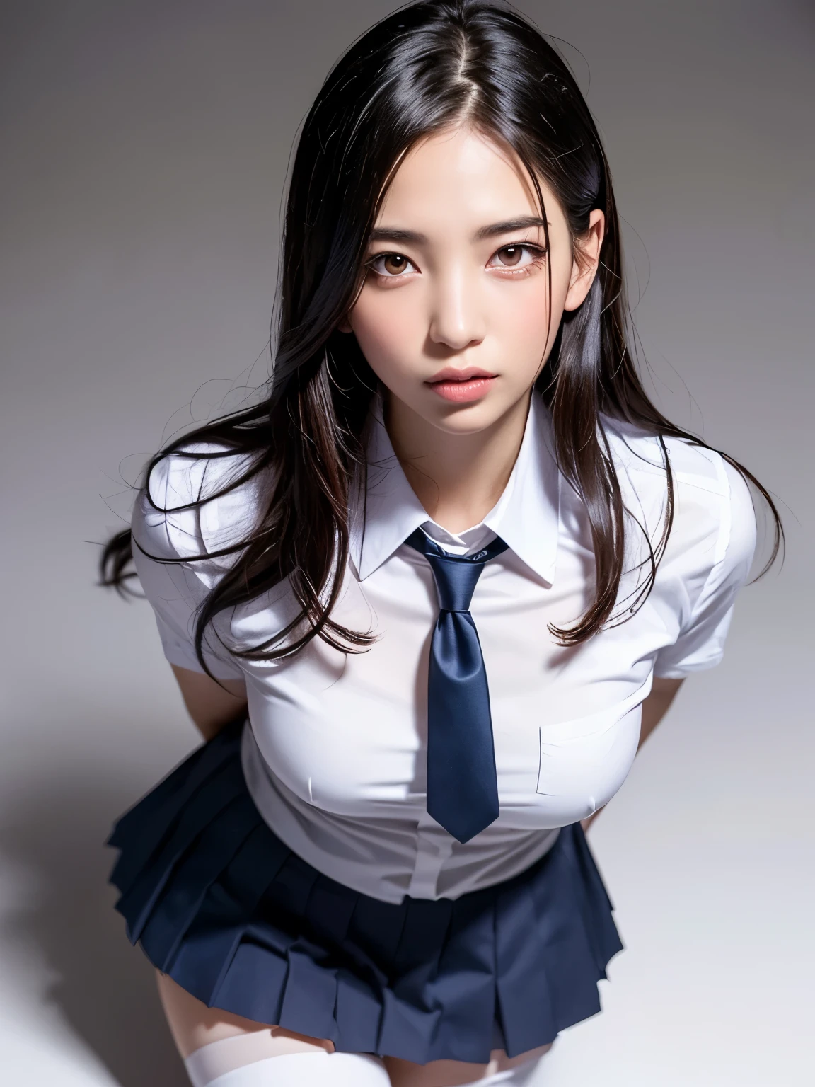 （highest quality，4K，masterpiece：1.2），Beautiful woman，1 girl，sexy：1.1，dark yellow hair：1.1，Woman in school uniform，Drenched uniform，super detailed face，detailed lips，fine eyes，double eyelid，miniskirt white stockings，stand up