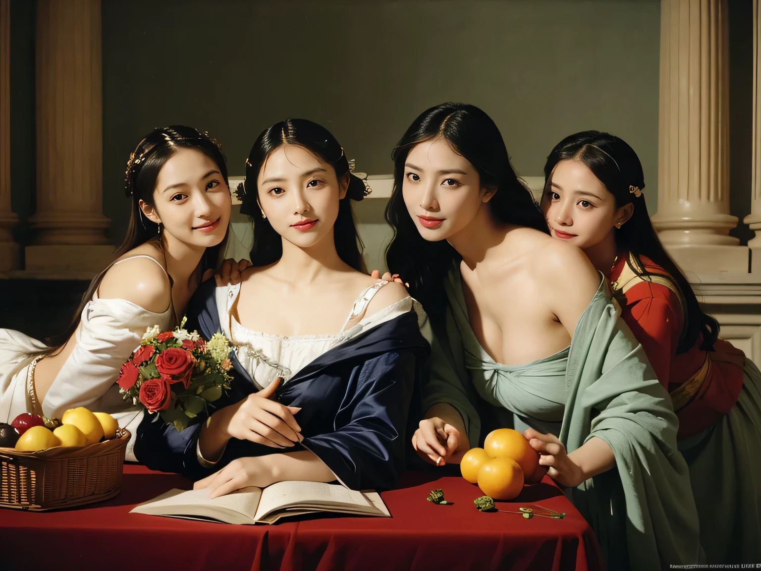 Ancient Roman landscape in the style of Nicolas Poussin,,,fruit smile,,Sweet and seductive appearance.、Caravaggio's paintings、Chiaroscuro of Caravaggio、Hair disheveled in the wind,Dinner party for 3 women,Cute smile, Expression of ecstasy,A sexy,erotick