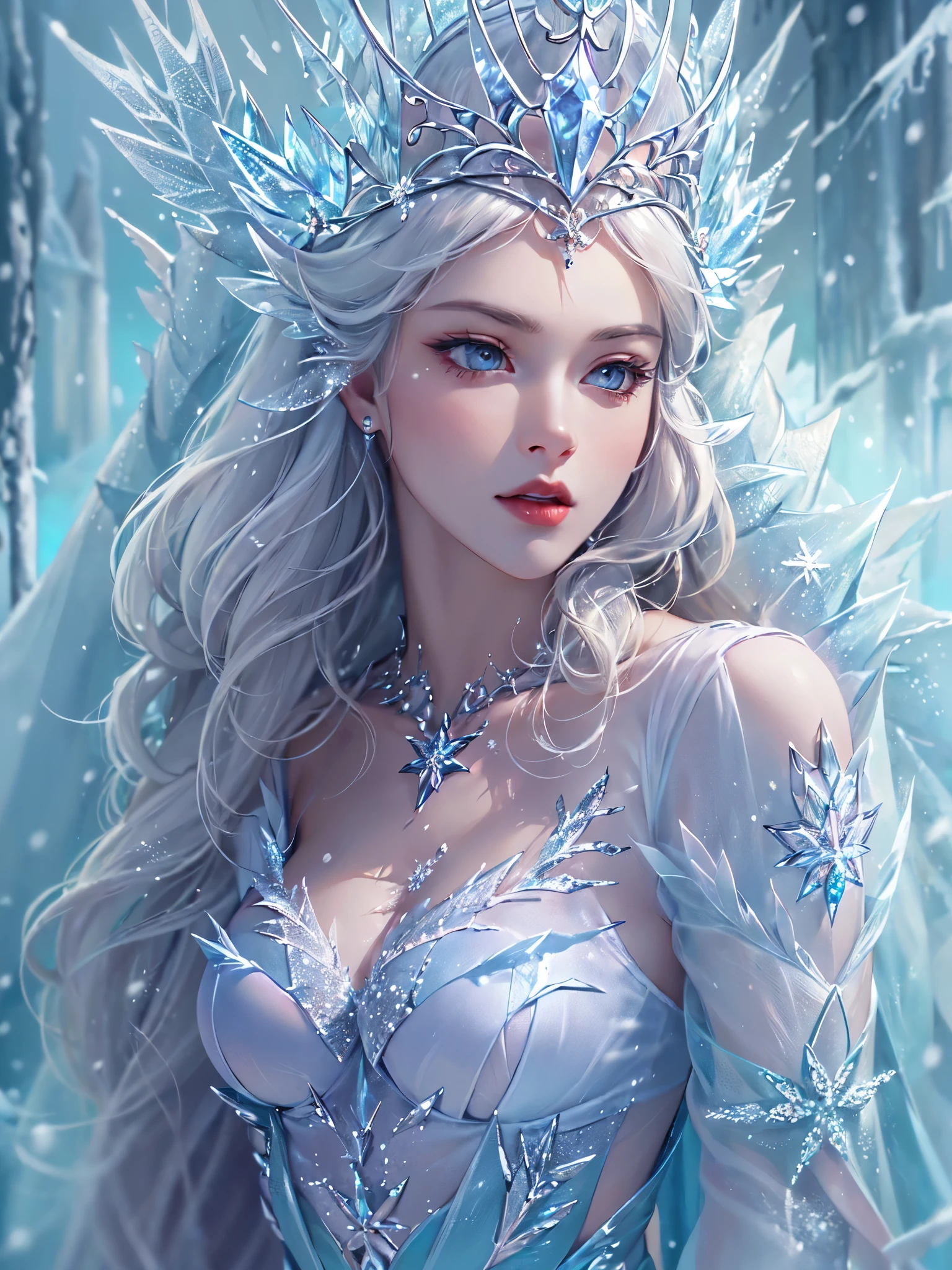 ((highest quality)),(ultra high resolution),(Super detailed),(detailed description),((best CG)),(best work of art),super precision art,great drawing art,(Fantasy art with precise details:1.5), (1 woman:1.5),(The snow queen:1.5),cold look:1.5,A detailed ice dress,crown:1.2, Ice Palace:1.6