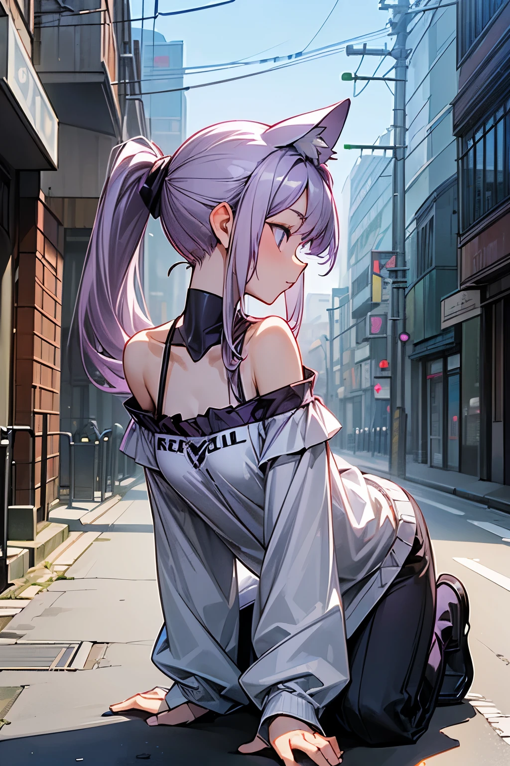 ((Masterpiece)), ((best quality)), (Photorealsitic:1.3), (super detailed), (kneeling), (profile of only face), 1girl, cute little girl, (Gravure Pose), (put on cat ears), messy long ponytail, pale purple hair, cute eyes, (Off-shoulder white long sleeves), city street, high res, ((beautiful eyes)),