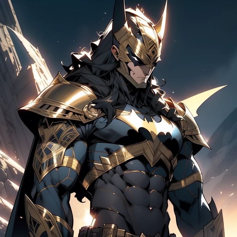 Ultra-realistic CG rendering, masterpiece, best quality, Batman as an Egyptian God, solo, muscular physique, intricately detailed headdress adorned with Egyptian symbols, piercing gold eyes, chiseled features, contrasted with the murky, shadowy background, hieroglyphs and ancient artifacts scattered around, the sun setting behind, casting a golden glow on Batman's form, armor shimmering in the twilight, majestic and imposing, the peaceful desert landscape creating a surreal backdrop for the Dark Knight's transformation into an Egyptian God.