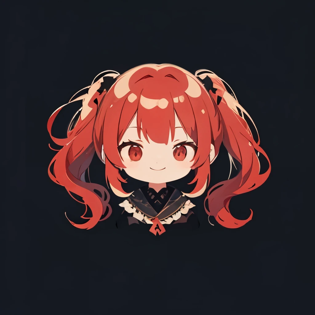 transparent watercolor、girl、Jewel Eyes、Beautiful arrangements and motifs、Depth of bounds written、flat avatar, 1girl, Smile, slightly lighter red hair((twin tails、Hair rolls))、smile、best smile、red hair、縦Hair rolls、twin tails、black shirt、red ruffles、red eyes、ツイン縦Hair rolls、flat avatar、Deformed