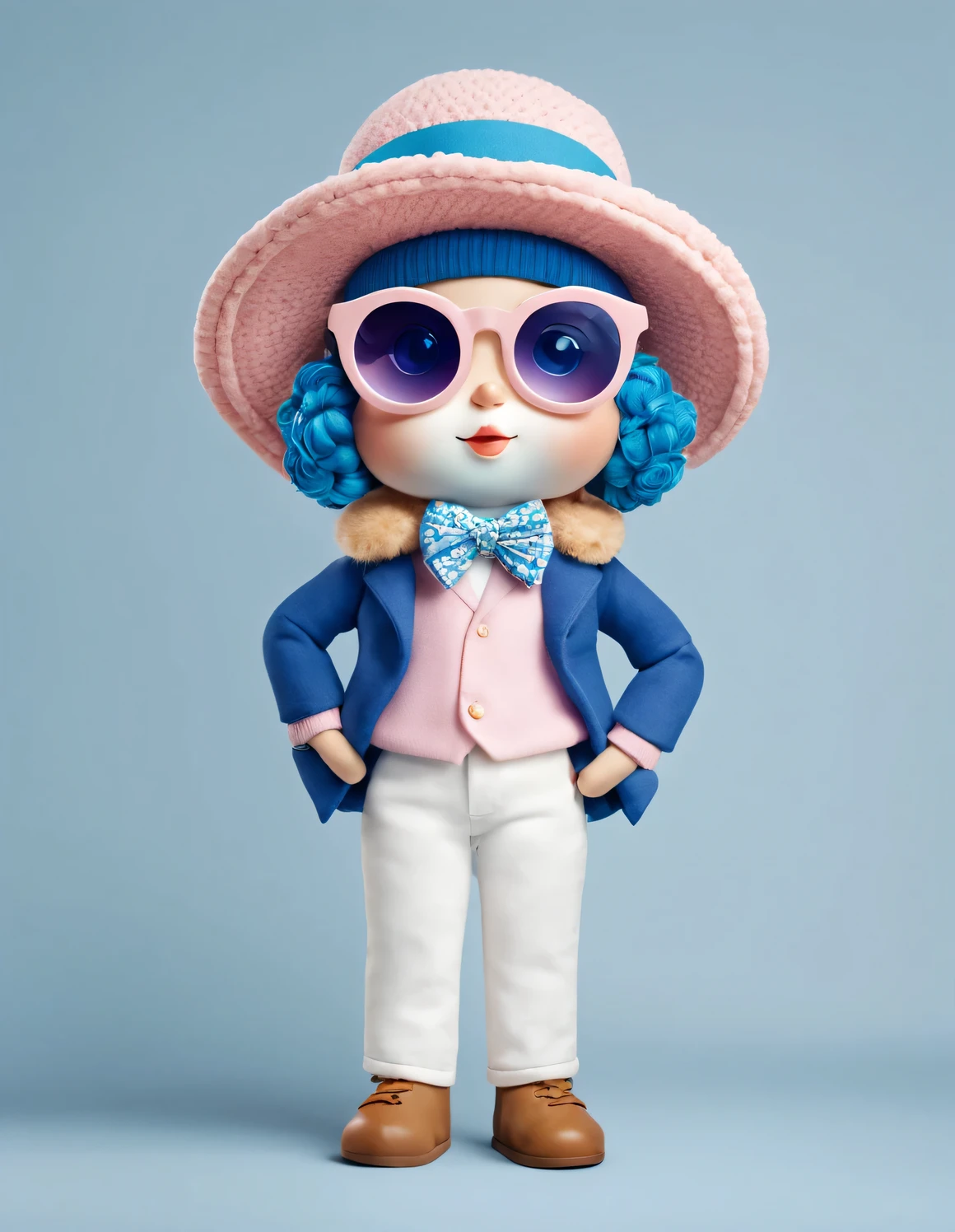 3D style doll design，（One is very fat、Very fashionable、Very cute deer），Wearing a pink turtleneck and blue jacket，Winter scarf，jeans，Gloves，bow tie，small round hat（Decorated with flowers or feathers），tie，sunglasses，（female）handbag，cotton，flax，Wool combines classic and modern styles，An elegant combination of dark blue and brown，Showcase the charm of retro style while maintaining a sense of fashion，Excited and happy smile，Wearing a sun hat，Weird，Smile，Shiny white fluffy，large and bright eyes，Fluffy tail，Exquisite and delicate，fairy tale，Super details，Pixar style，Bright colors，Natural light，solid color simple background，5 and ctane rendering，gorgeous，super wide angle，8k，HD realistic，