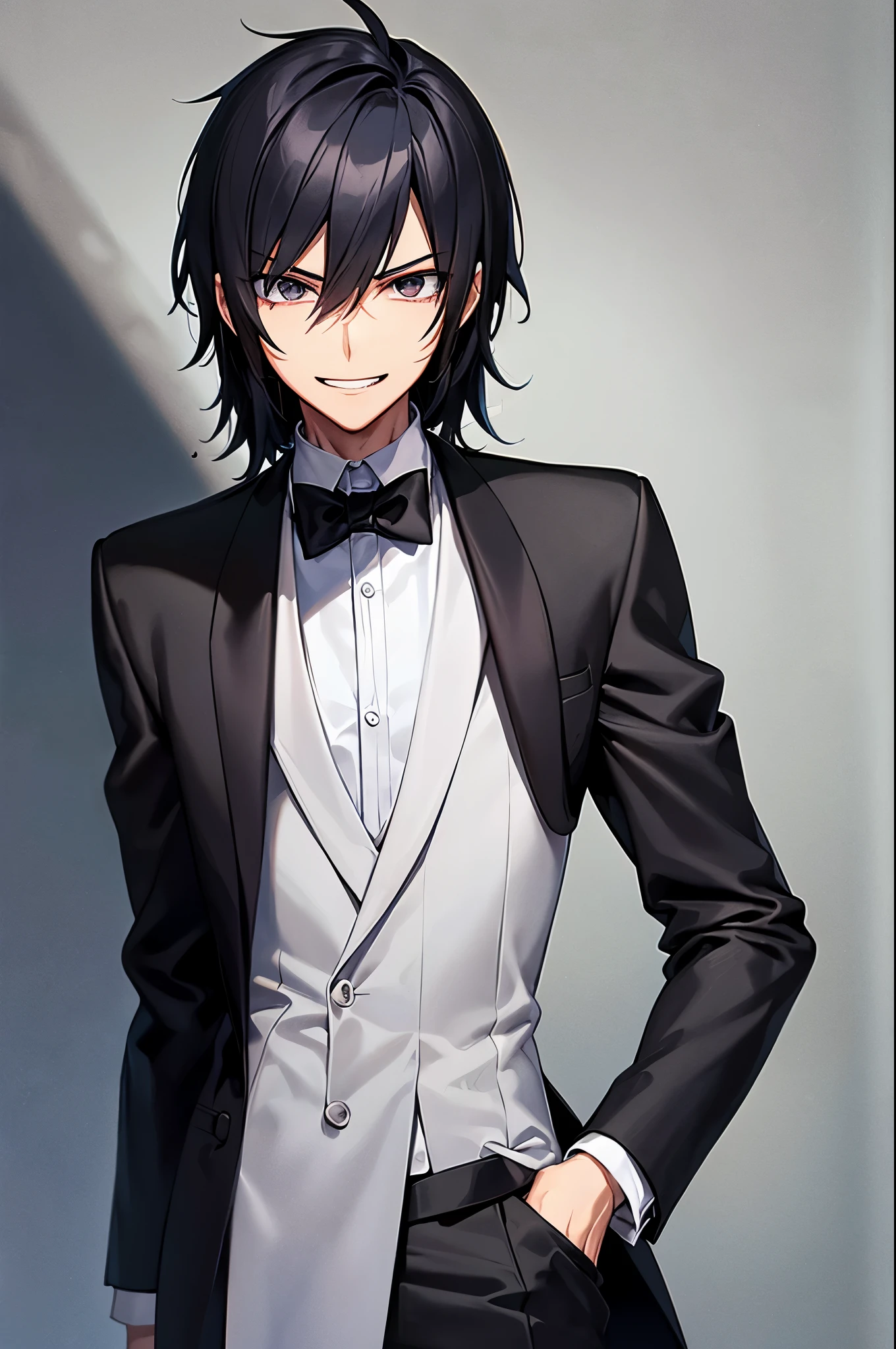 skinny,anime,man,in tuxedo suit,cheeky look,costs,young,grin,bodacious,young,black hair