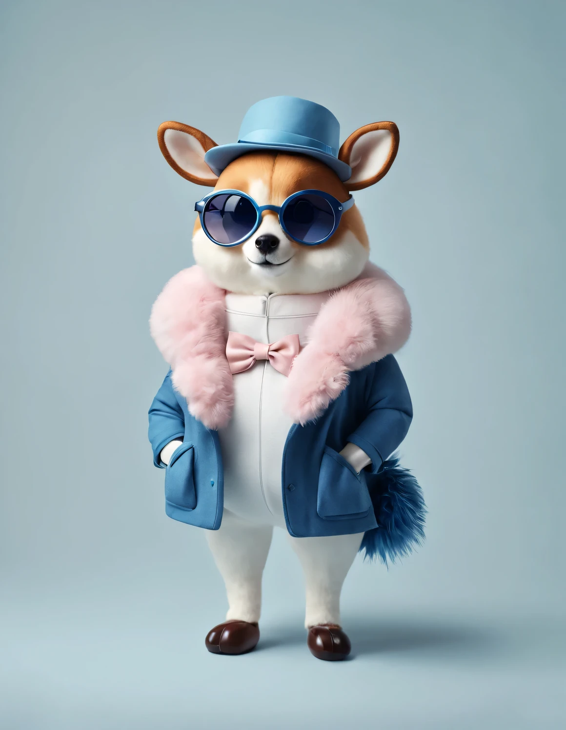 3D style doll design，（One is very fat、Very fashionable、Very cute deer），Wearing a pink turtleneck and blue jacket，Winter scarf，jeans，Gloves，bow tie，small round hat（Decorated with flowers or feathers），tie，sunglasses，（female）handbag，cotton，flax，Wool combines classic and modern styles，An elegant combination of dark blue and brown，Showcase the charm of retro style while maintaining a sense of fashion，Excited and happy smile，Wearing a sun hat，Weird，Smile，Shiny white fluffy，large and bright eyes，Fluffy tail，Exquisite and delicate，fairy tale，Super details，Pixar style，Bright colors，Natural light，solid color simple background，5 and ctane rendering，gorgeous，super wide angle，8k，HD realistic，