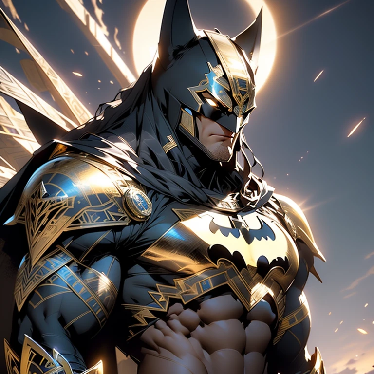 Ultra-realistic CG rendering, masterpiece, best quality, Batman as an Egyptian God, solo, muscular physique, intricately detailed headdress adorned with Egyptian symbols, piercing gold eyes, chiseled features, contrasted with the murky, shadowy background, hieroglyphs and ancient artifacts scattered around, the sun setting behind, casting a golden glow on Batman's form, armor shimmering in the twilight, majestic and imposing, the peaceful desert landscape creating a surreal backdrop for the Dark Knight's transformation into an Egyptian God.