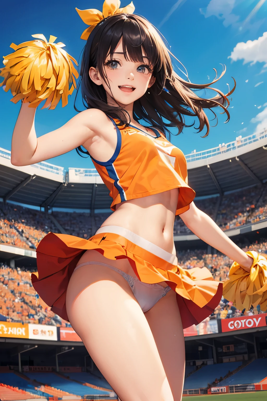 very cute and beautiful cheerleader girl,(highly detailed beautiful face and eyes:1.2),(holding pom poms:1.13),(laugh),
(stadium stands),cowboy shot,dynamic pose,white panties,(sleeveless orange shirt),beautiful legs,dynamic angle,black hair,
(best quality,masterpiece:1.2),intricate details,extremely detailed,ultra-detailed,highres,looking at viewer,
natural lighting,hair fluttering in the wind,beautiful detailed sky,(realistic),