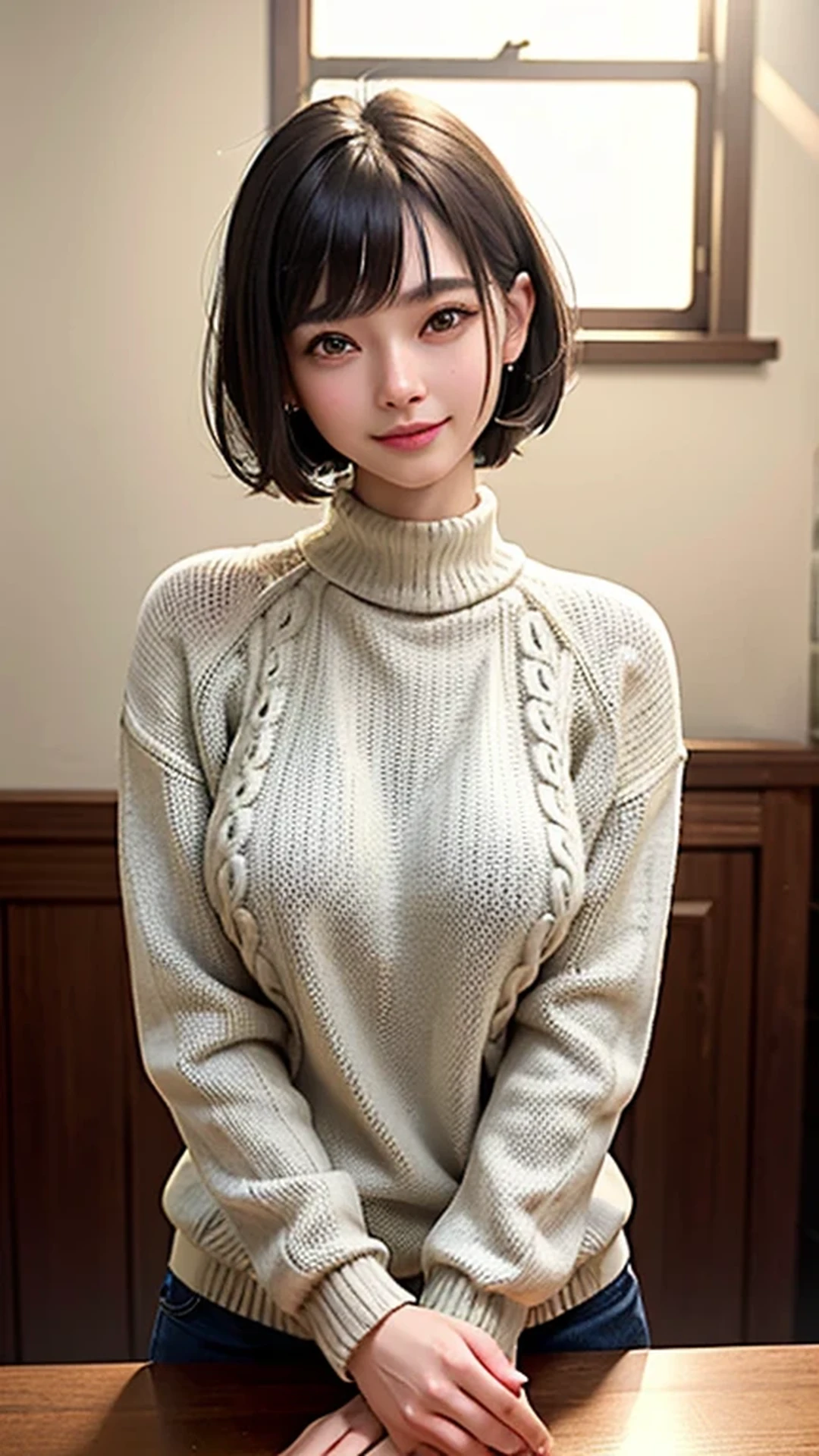 ((highest quality、best image quality、ultra high resolution、Drawn in ultra-high definition、alone、look closely at the camera))、1 girl、realistic、written boundary depth、natural soft light、daytime、Charm、beautiful face、cleanliness、pure face、white skin、cute、short hair、beach、Light of the sun、nadium chest、Full body Esbian、((sweater、money is better than beauty))、long neck、please show me your ears、Beautiful short bob hair with bangs、Close your mouth and smile big、perfect fingers、perfect hands、perfect body、perfect face、shine a light on the eyes、perfect anatomy、tall supermodel、supermodel with long legs、Supermodel with a long neck、rather broad shoulders、arms should be lowered to the sides、stand、cowboy shot、bright windowsill background、smile at the audience、Roll up your sleeves