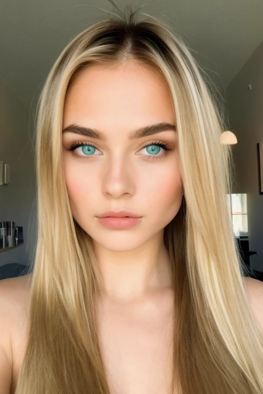 There is a woman staring at the camera for an ID photo, She is a young woman of 18 years old blonde highlights, green eyes, pronounced cheekbones, refined face and nose, pale skin and big eyes, full lips, she is in a simple room, sexy gestores and face fully clear
