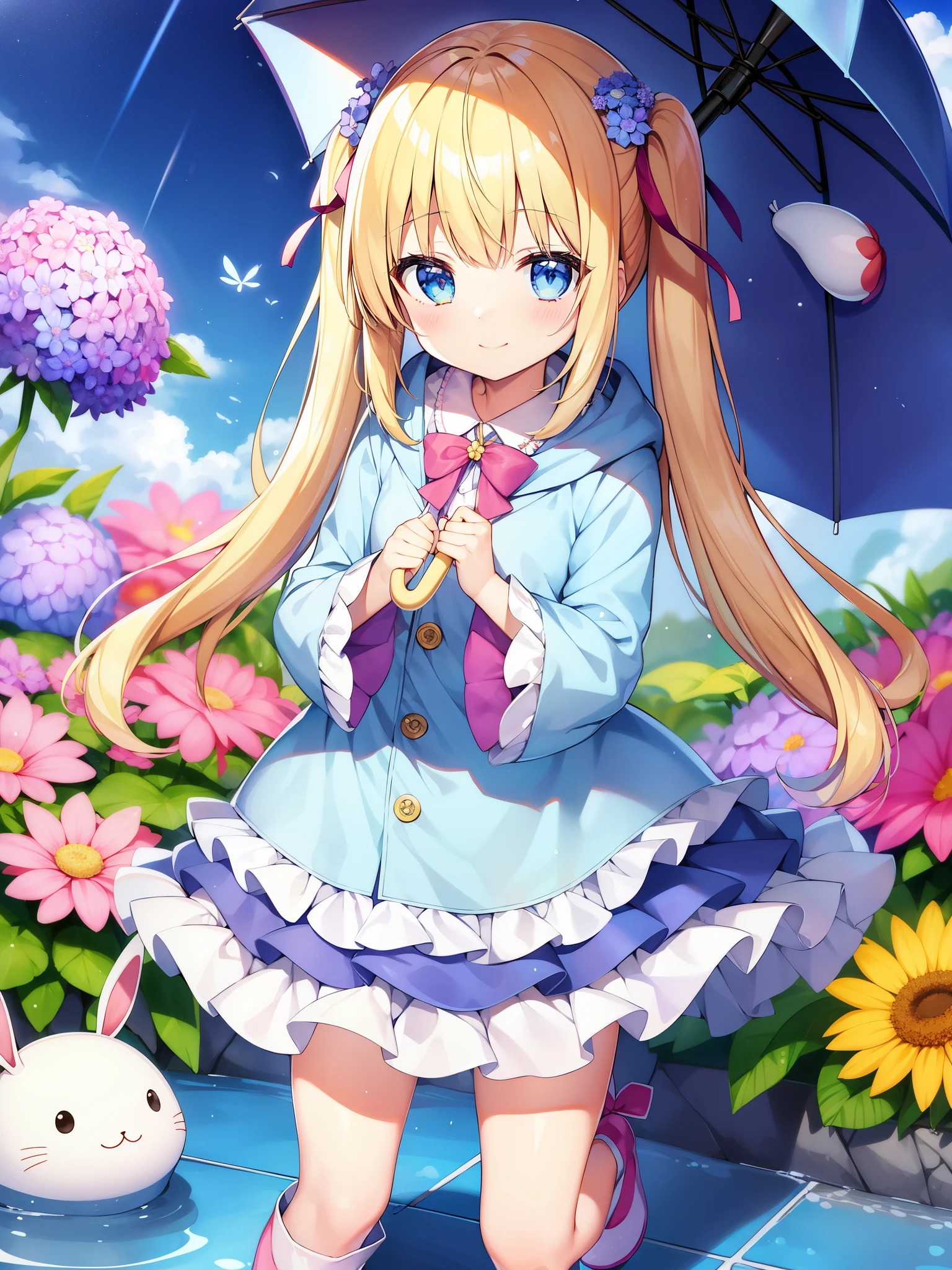1 girl、rainbow、raincoat、黄色いraincoat、boot、hydrangea、flower、long hair、twin tails、boots、blush、umbrella、open your mouth、hair ornaments、white background、hood、solo、Teruteru Shaved、Very Longhair、hoodアップ、Long sleeves、ローtwin tails、bow、bangs、smile、アニマルhood、blue eyes、rabbit、閉じたumbrella、puddle、whole body、:d、snails、yellow footwear、simple background、ピンクのflower、Are standing、葉umbrella、umbrellaを持っている、食べ物-テーマのhair ornaments、hair ribbon、animalの耳、Keep、blonde、髪のflower、rain、animal